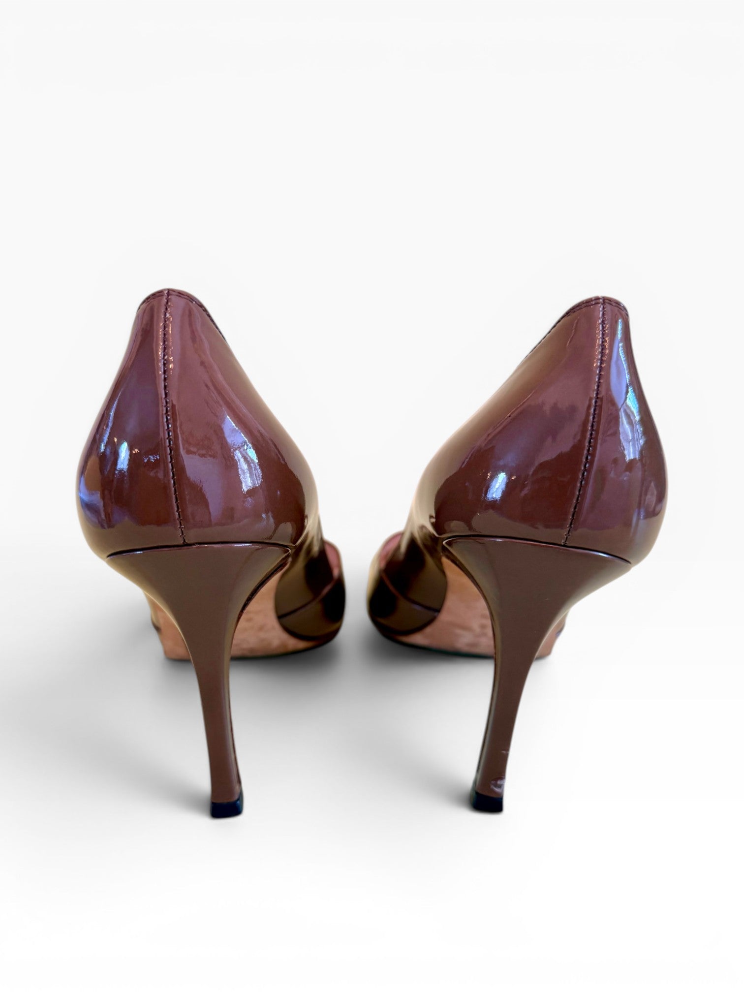 Manolo Blahnik Cognac Brown Patent Leather Peep-Toe Pumps