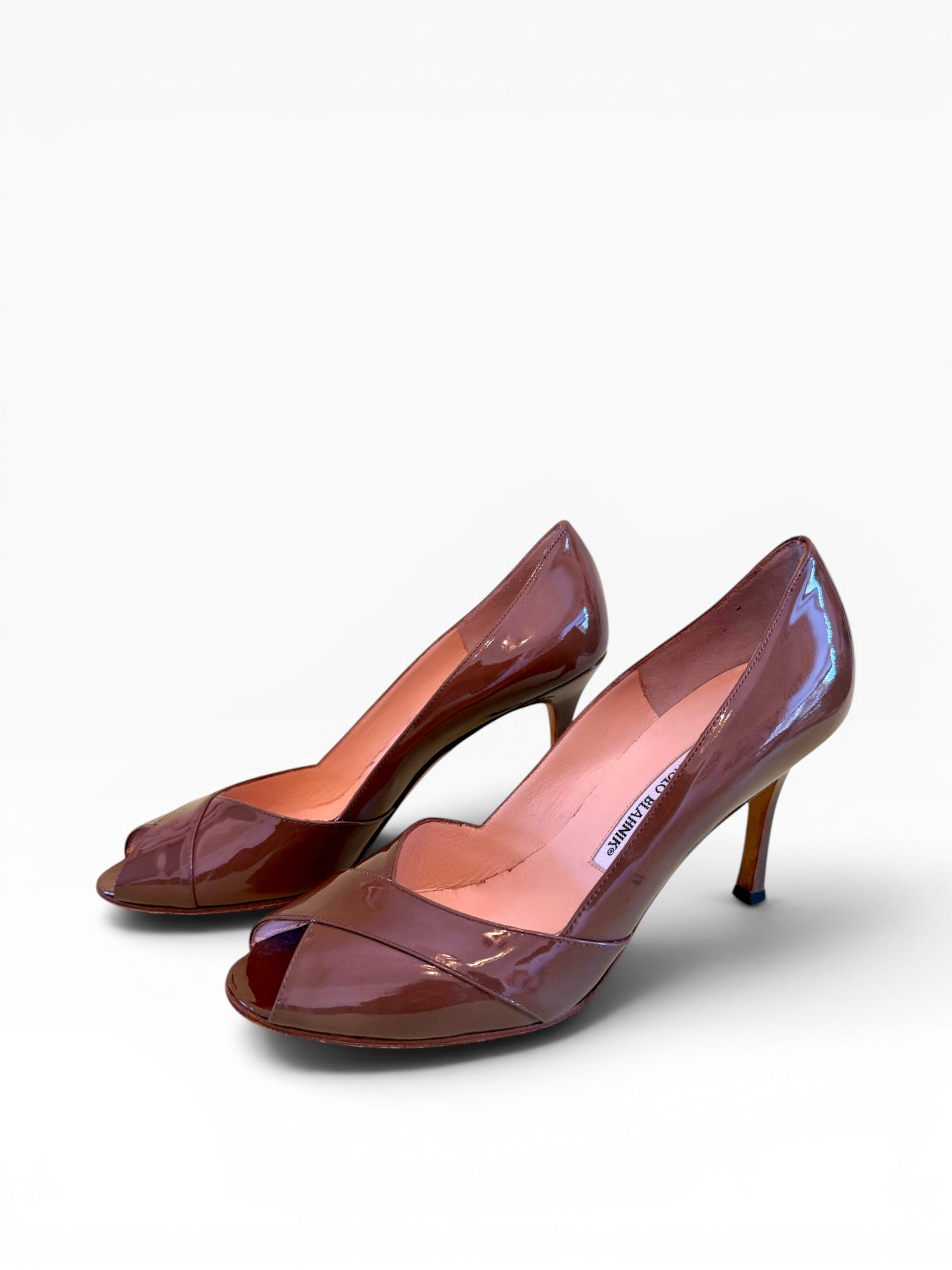 Manolo Blahnik Cognac Brown Patent Leather Peep-Toe Pumps