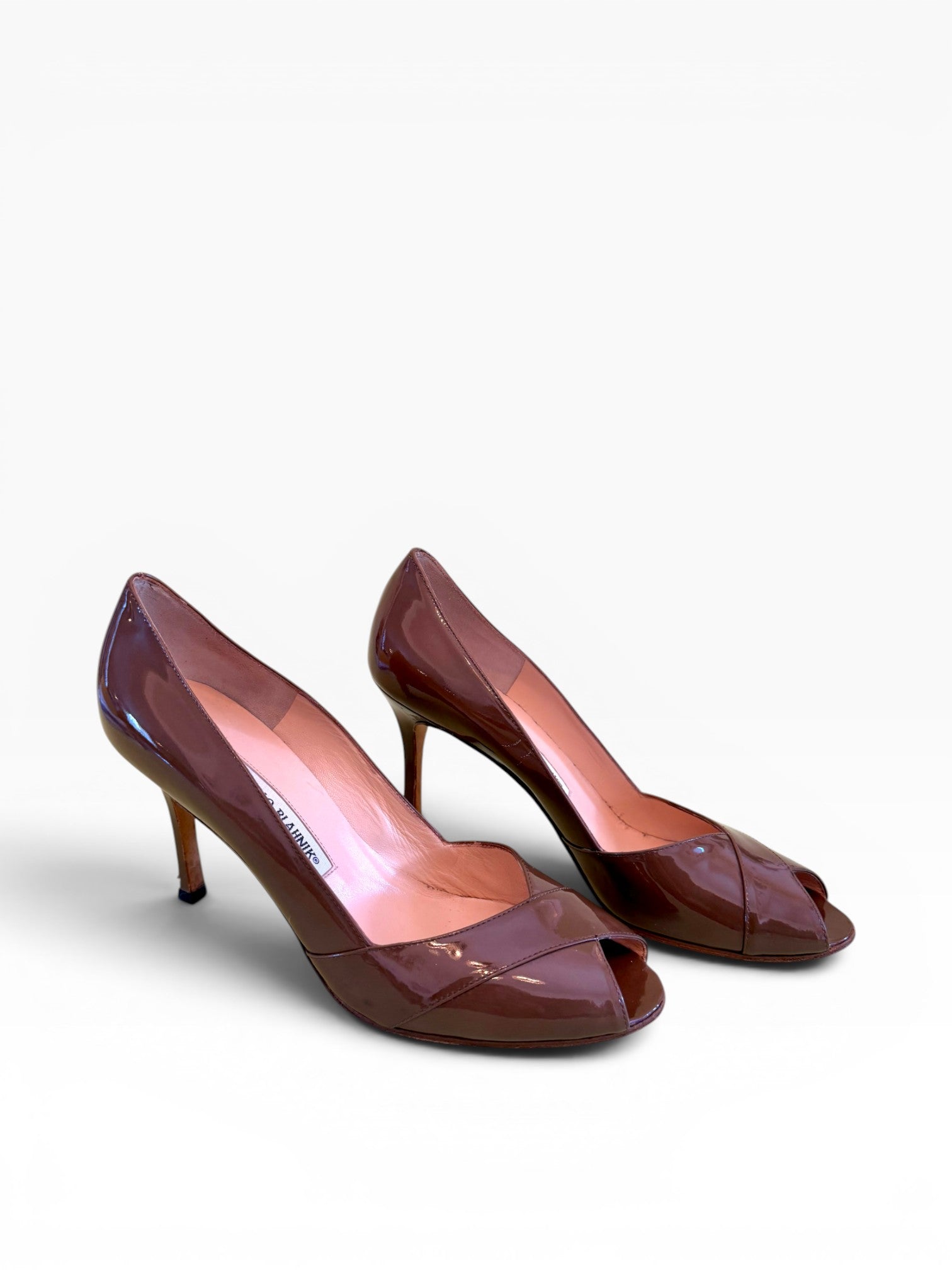 Manolo Blahnik Cognac Brown Patent Leather Peep-Toe Pumps
