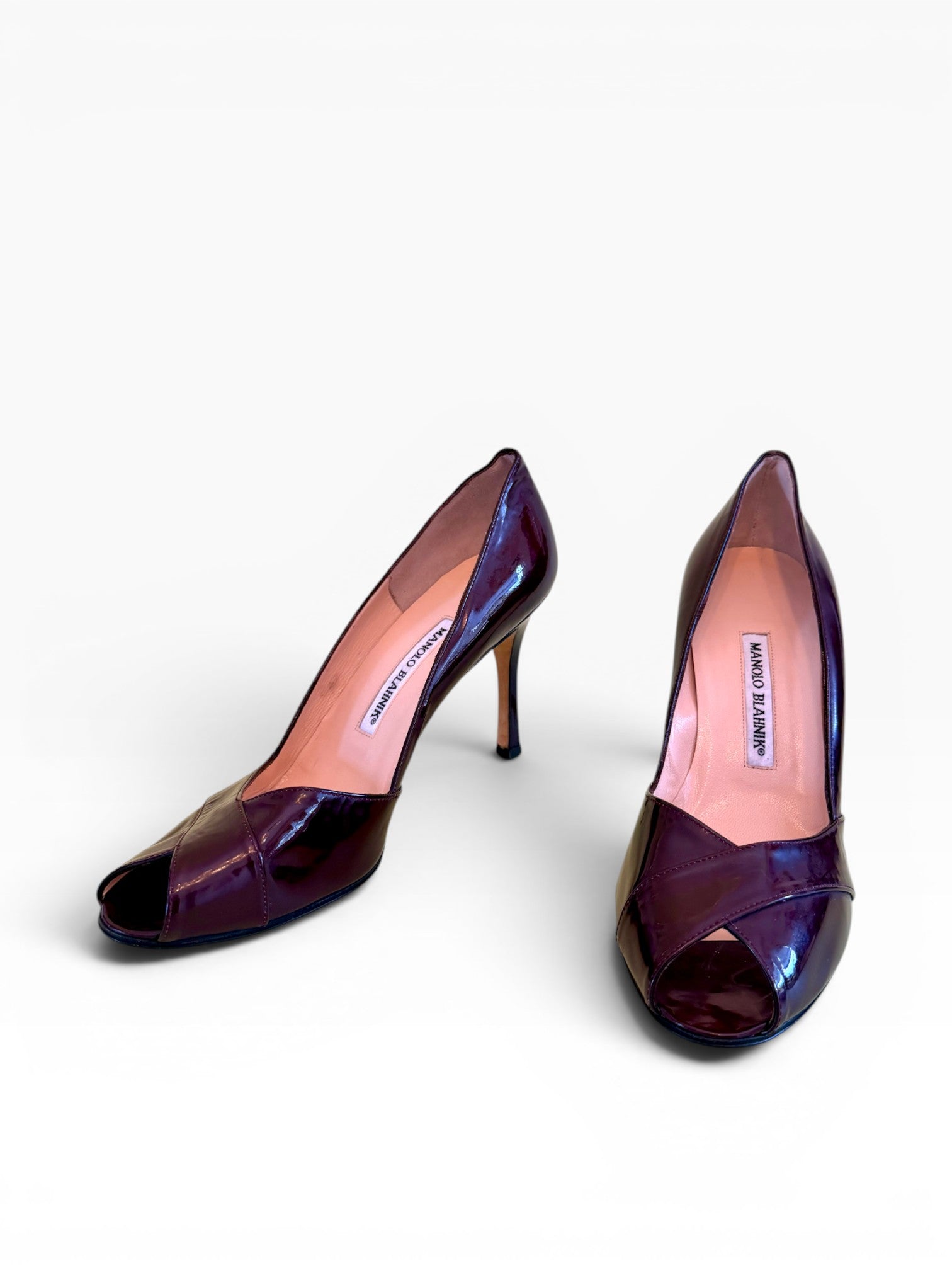 Manolo Blahnik Burgundy Patent Leather Peep-Toe Pumps