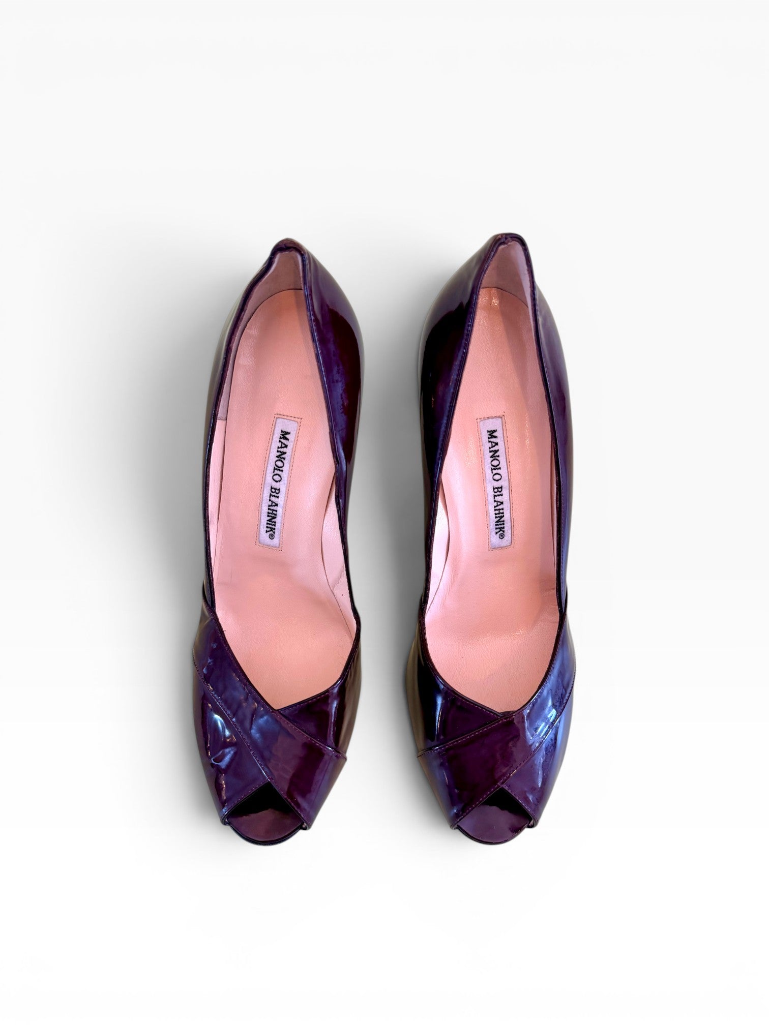 Manolo Blahnik Burgundy Patent Leather Peep-Toe Pumps