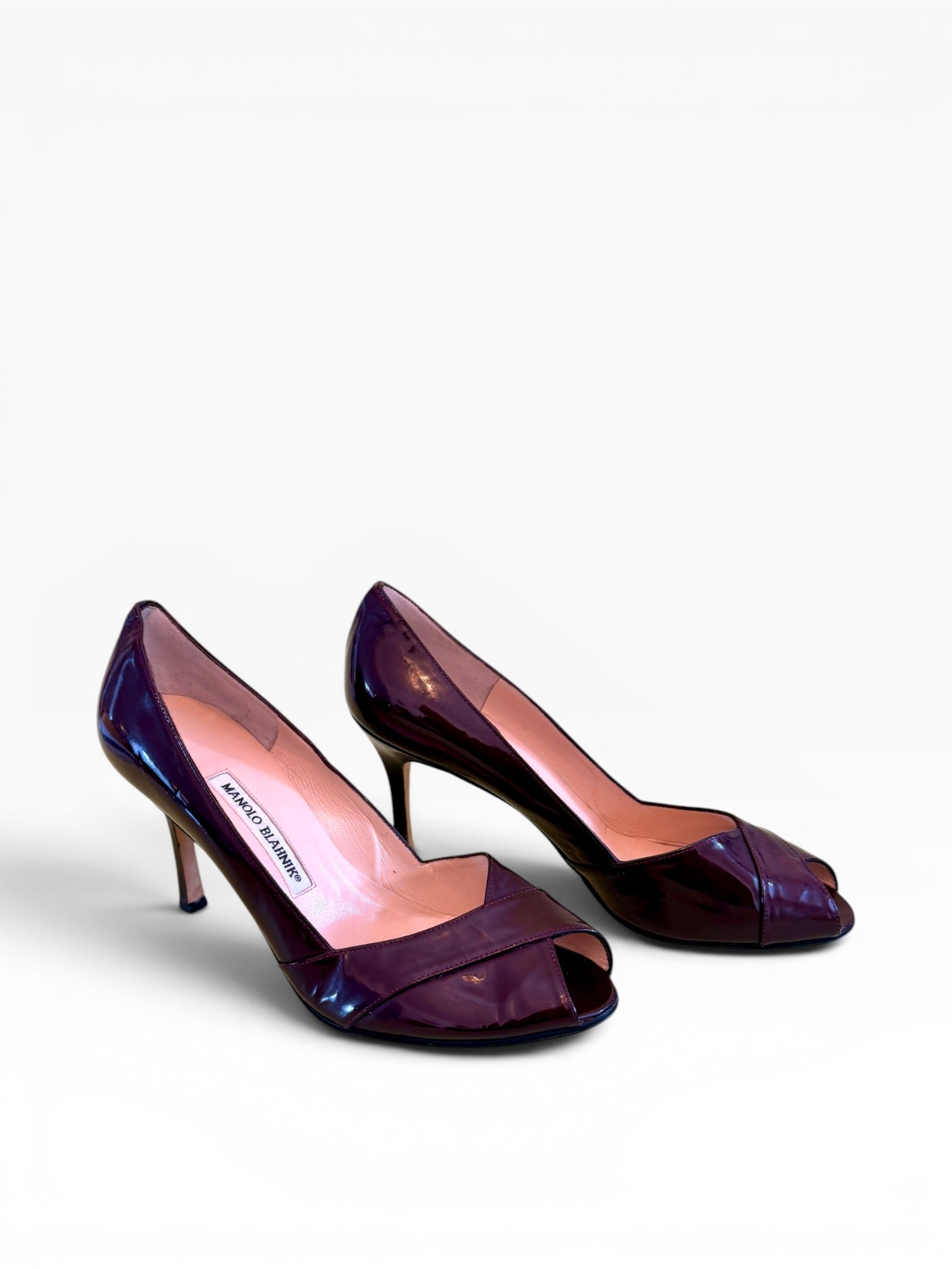 Manolo Blahnik Burgundy Patent Leather Peep-Toe Pumps