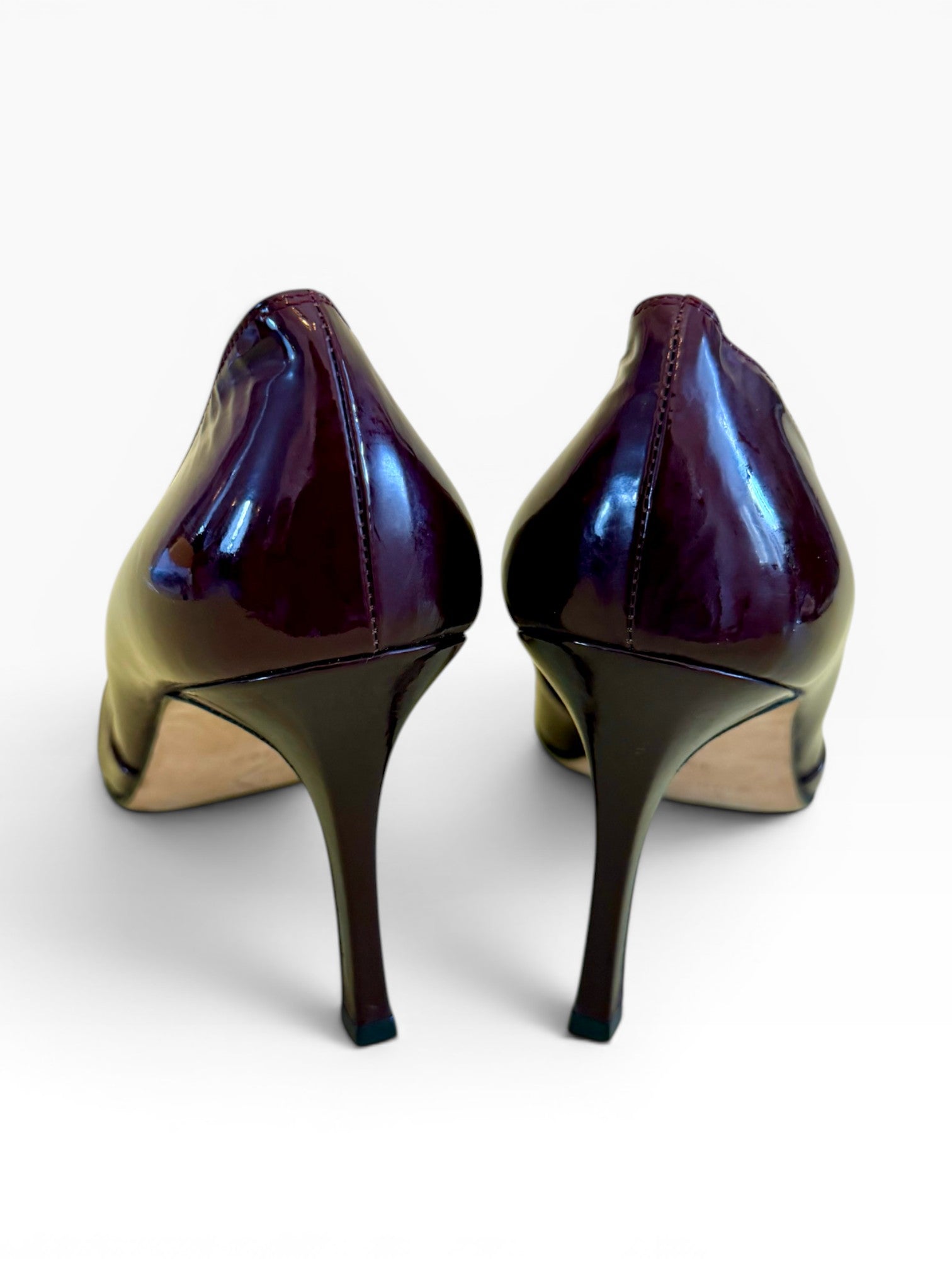 Manolo Blahnik Burgundy Patent Leather Peep-Toe Pumps