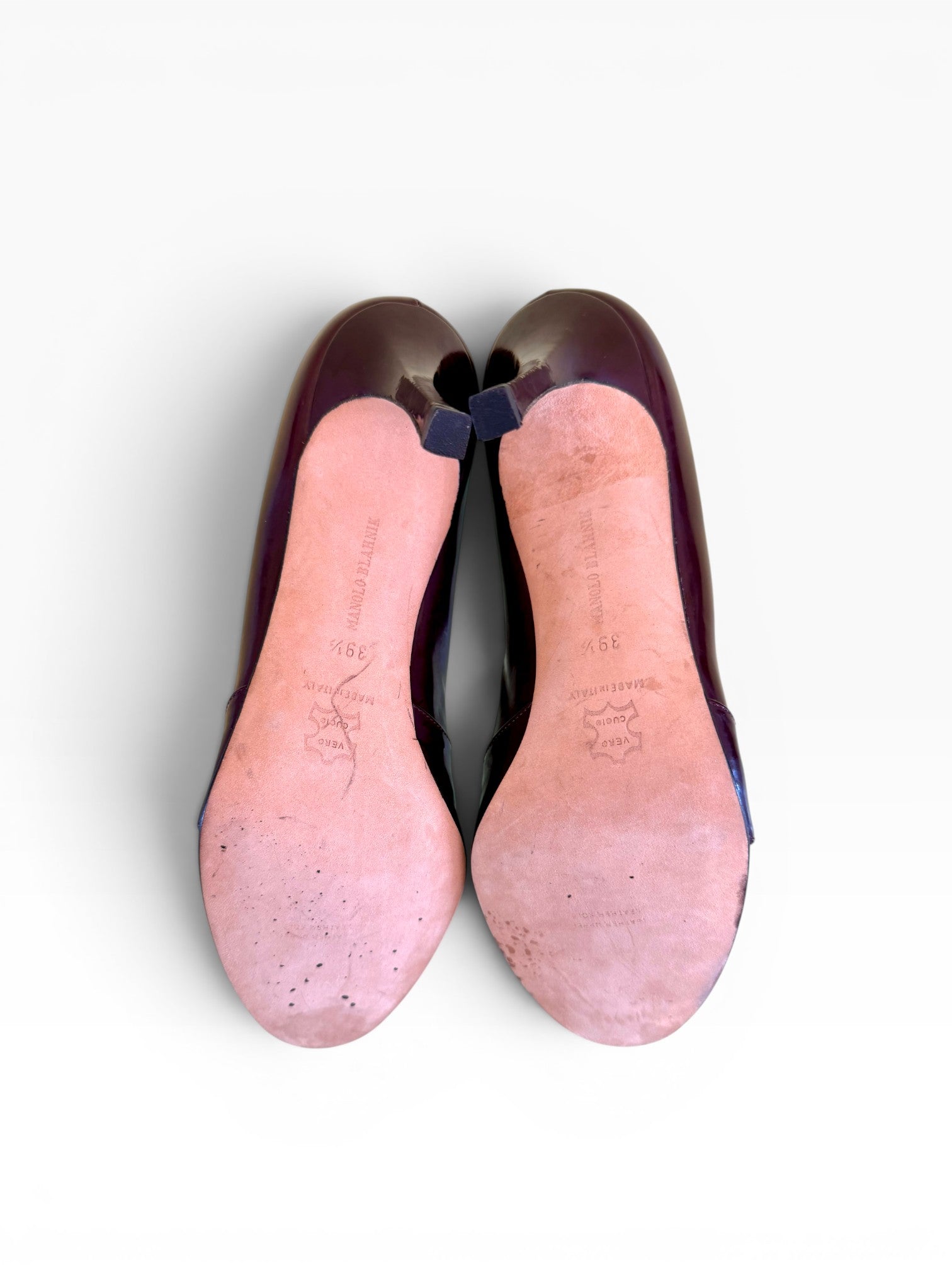 Manolo Blahnik Burgundy Patent Leather Peep-Toe Pumps