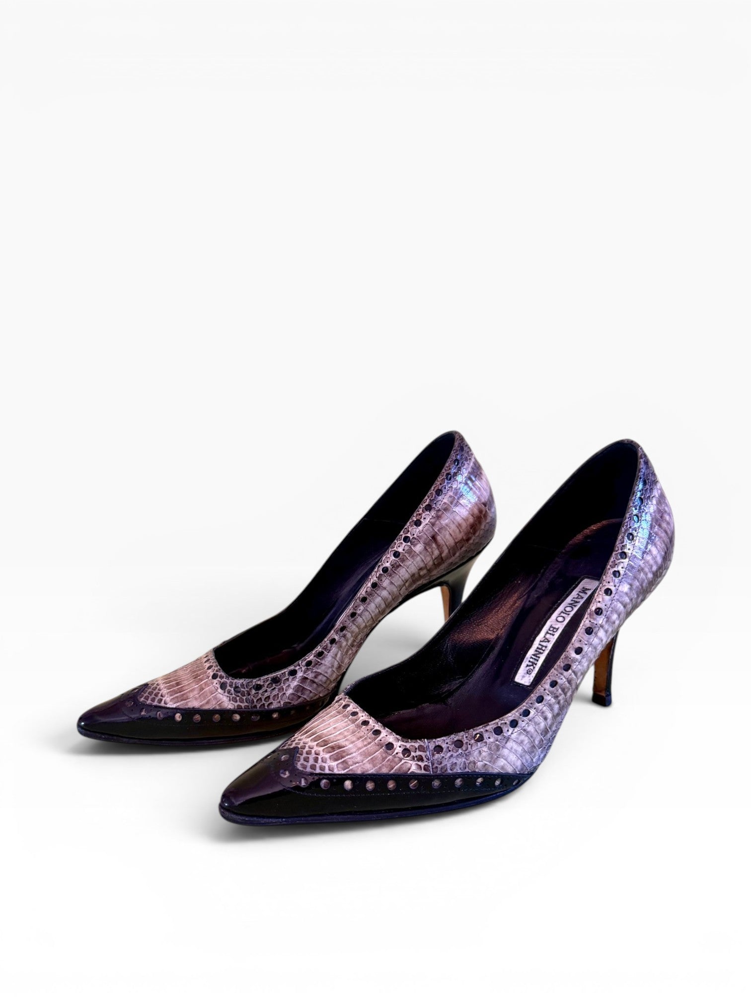 Manolo Blahnik Snakeskin Brogue Pointed Toe Pumps