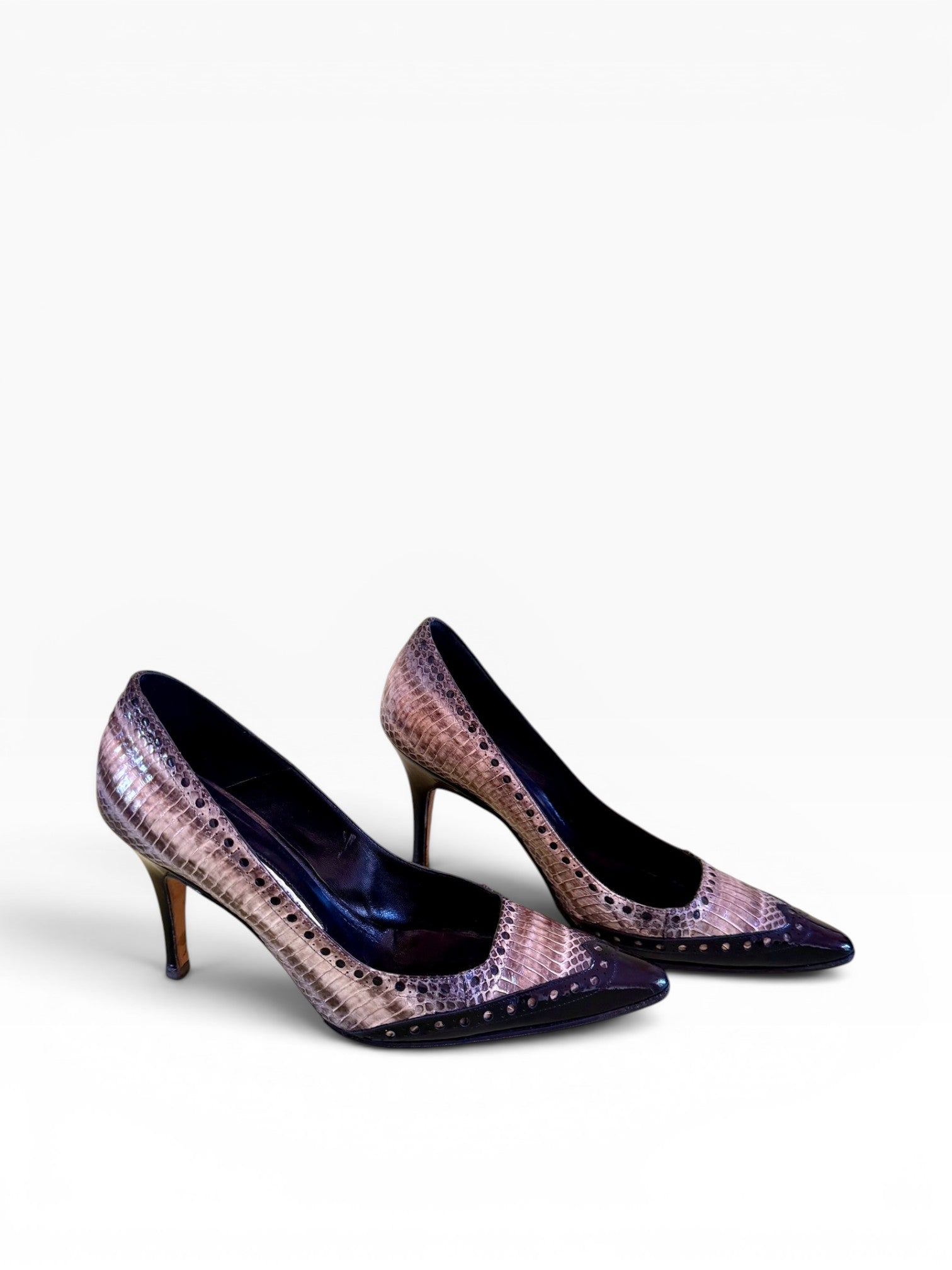 Manolo Blahnik Snakeskin Brogue Pointed Toe Pumps