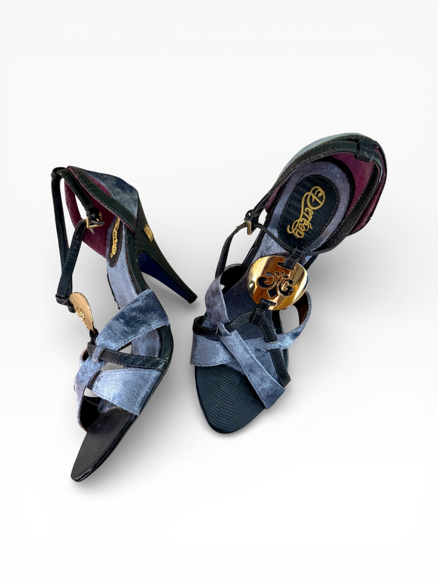 House of Deréon Velvet & Gold Medallion Strappy Heels