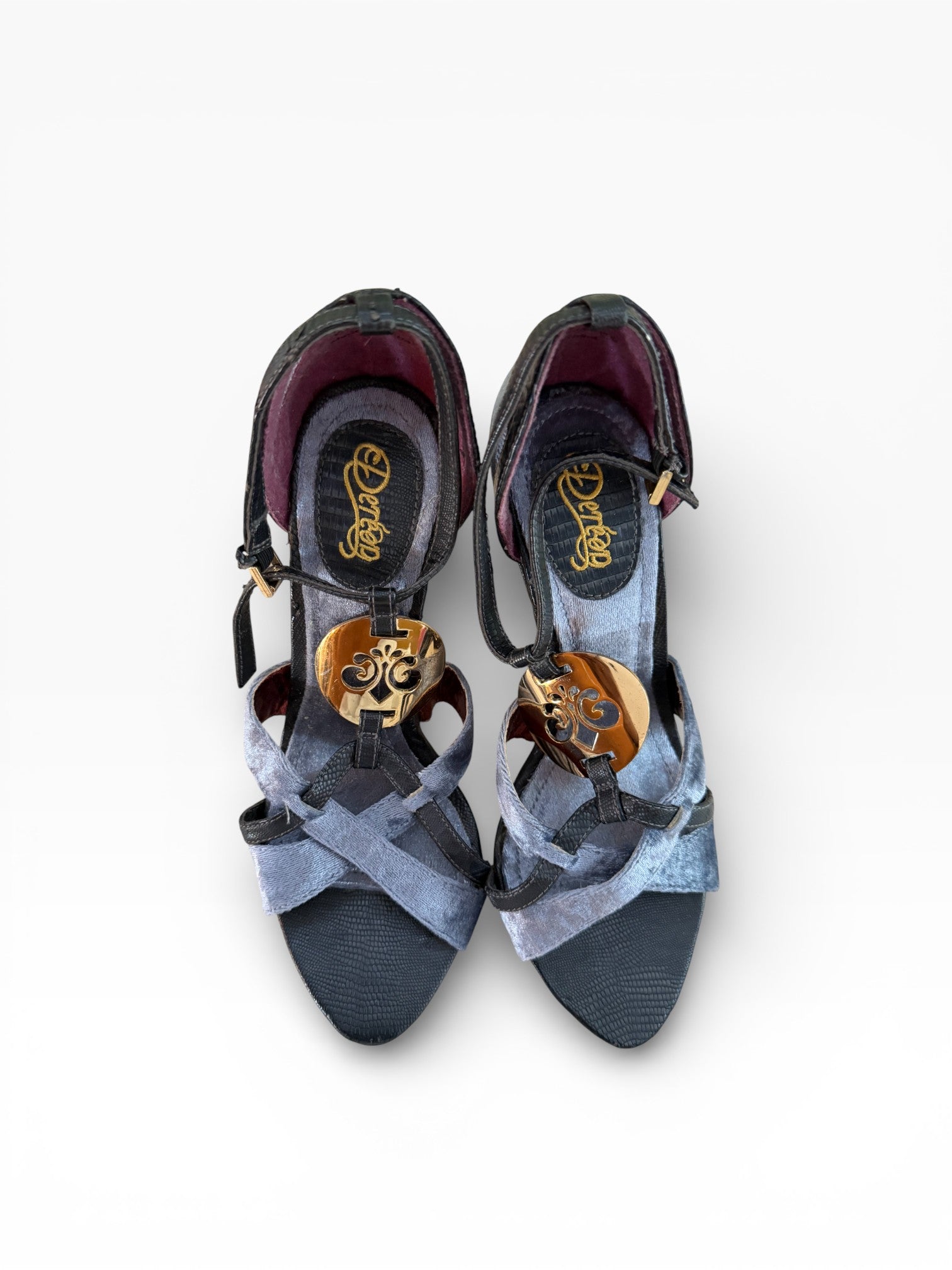 House of Deréon Velvet & Gold Medallion Strappy Heels