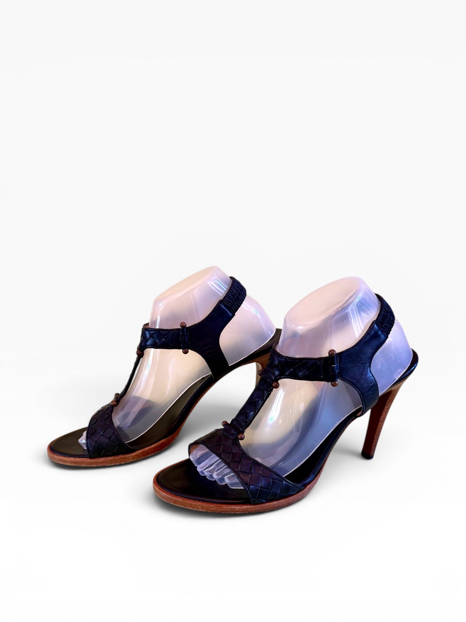 Bottega Veneta Intrecciato T-Strap Heeled Sandals