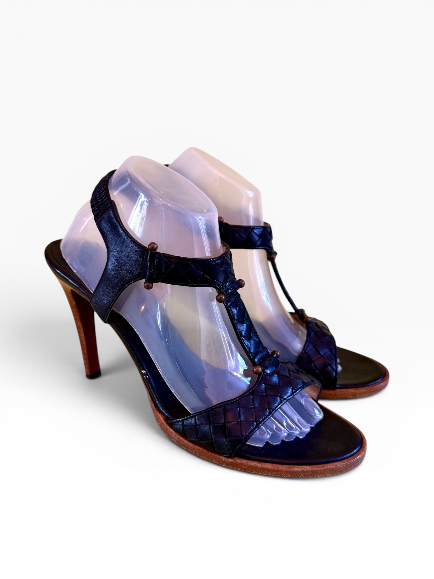 Bottega Veneta Intrecciato T-Strap Heeled Sandals