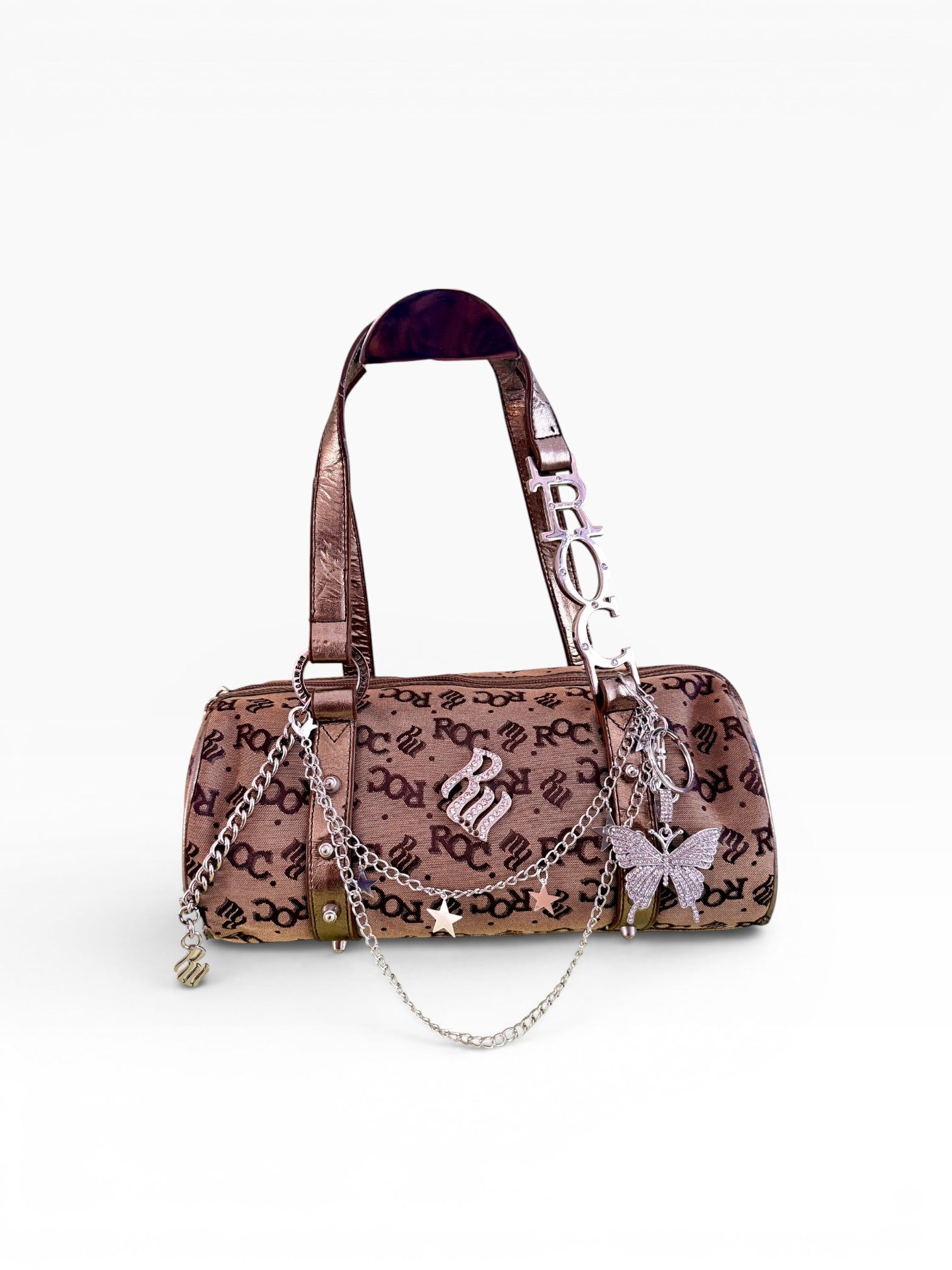 Rocawear Y2K Monogram Barrel Bag Brown Bronze Silver Hardware