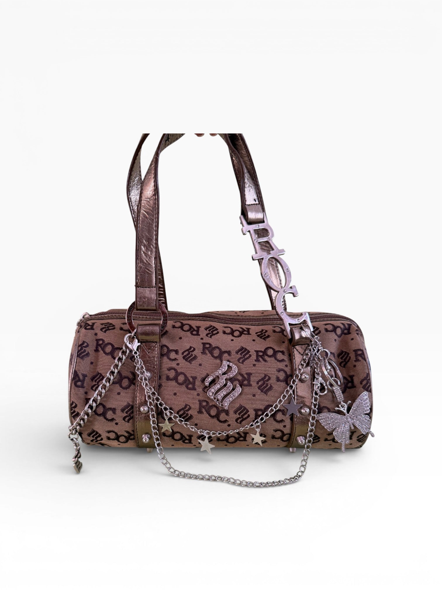 Rocawear Y2K Monogram Barrel Bag Brown Bronze Silver Hardware