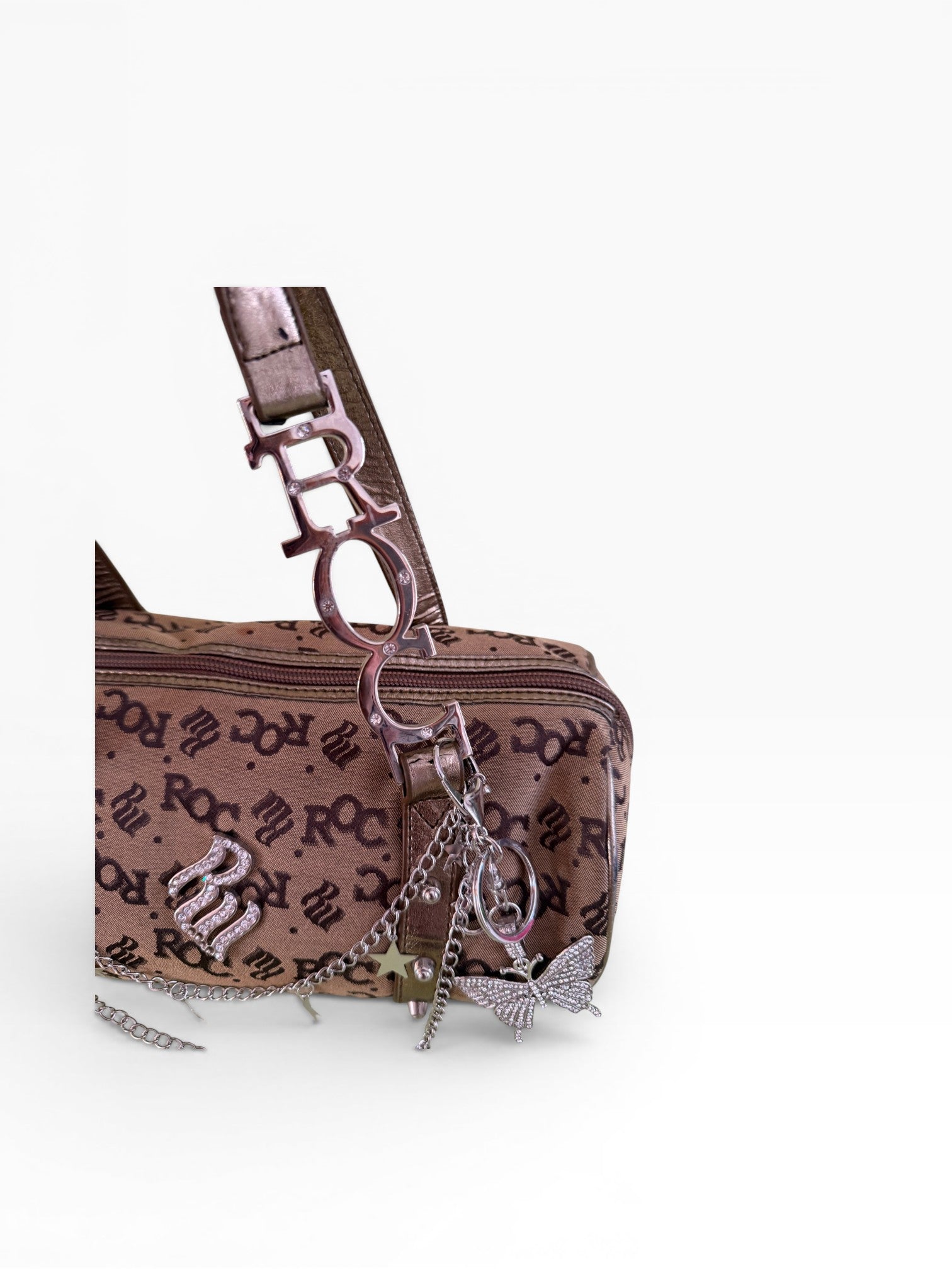 Rocawear Y2K Monogram Barrel Bag Brown Bronze Silver Hardware