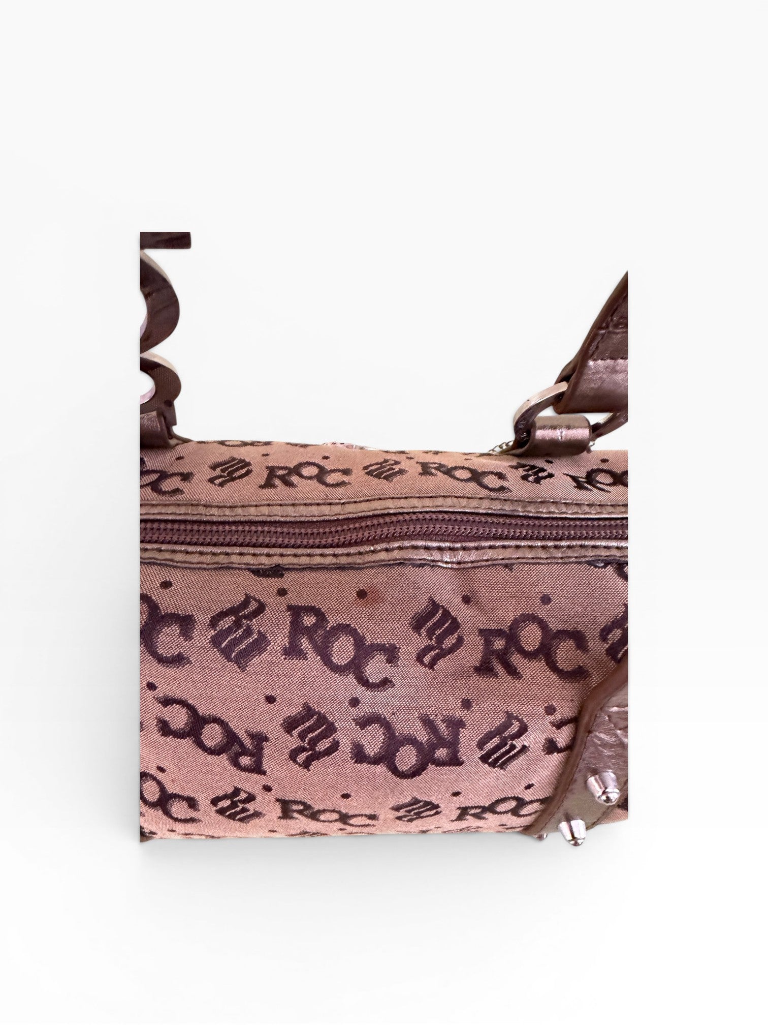 Rocawear Y2K Monogram Barrel Bag Brown Bronze Silver Hardware