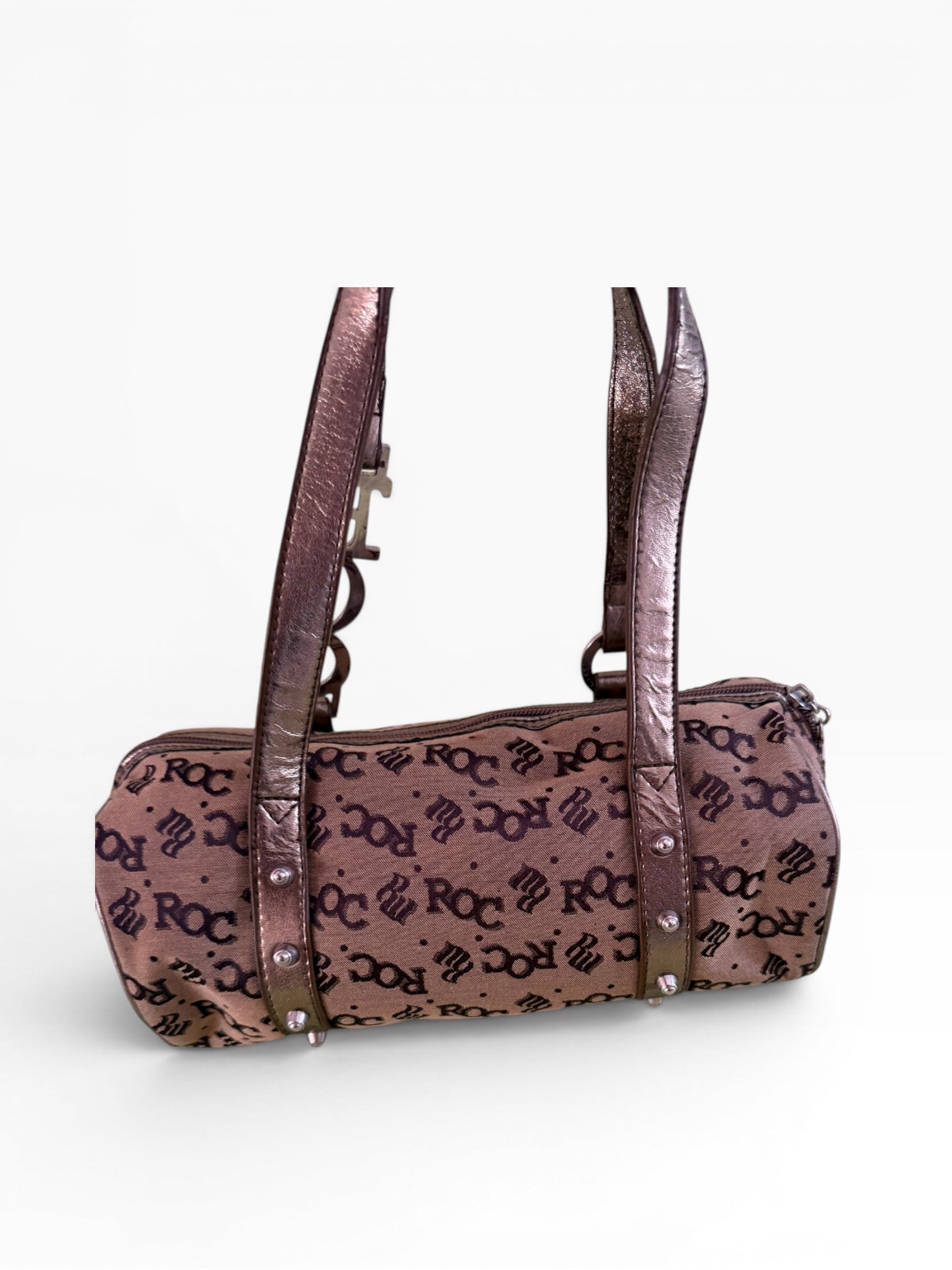 Rocawear Y2K Monogram Barrel Bag Brown Bronze Silver Hardware