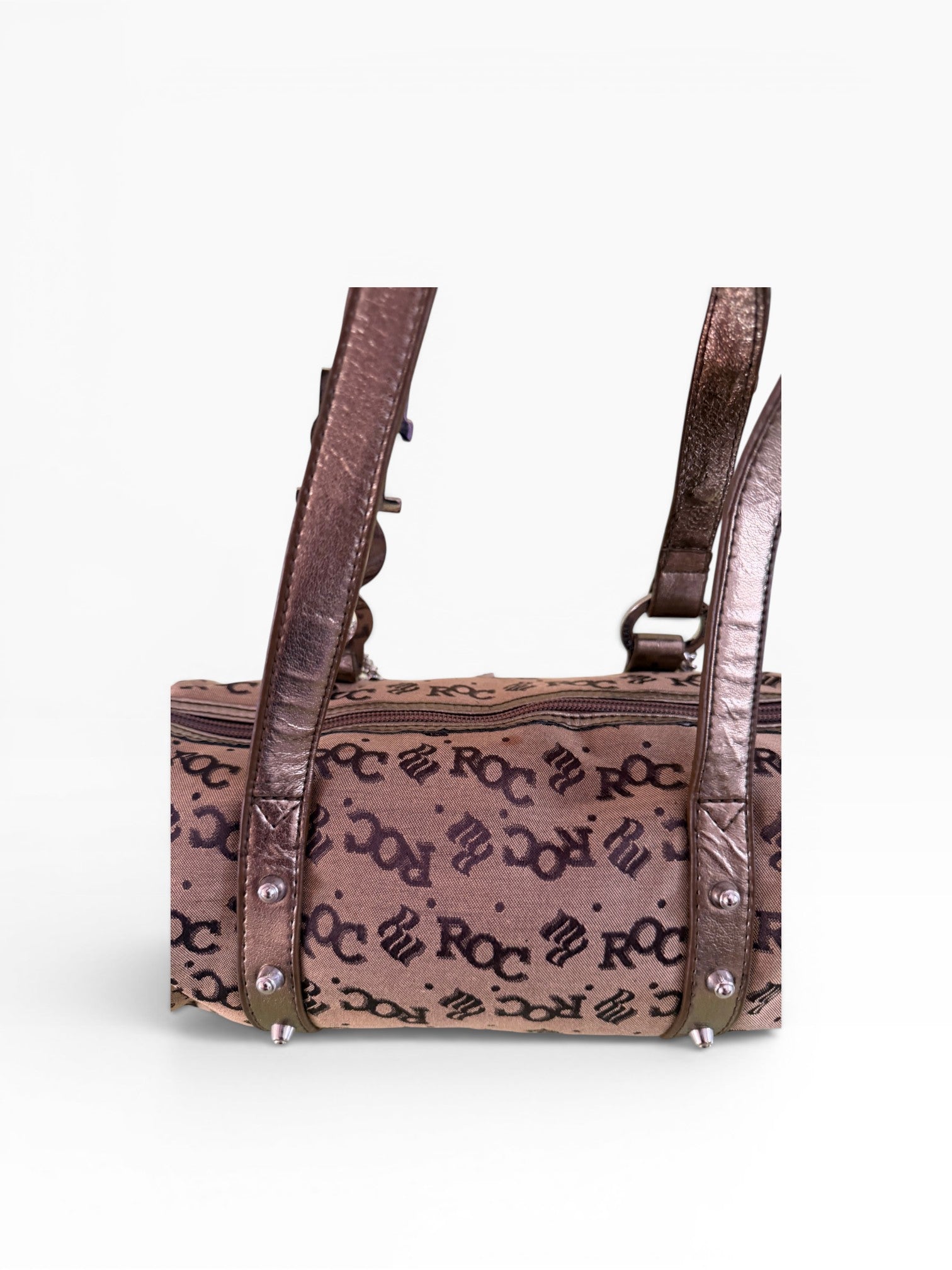 Rocawear Y2K Monogram Barrel Bag Brown Bronze Silver Hardware