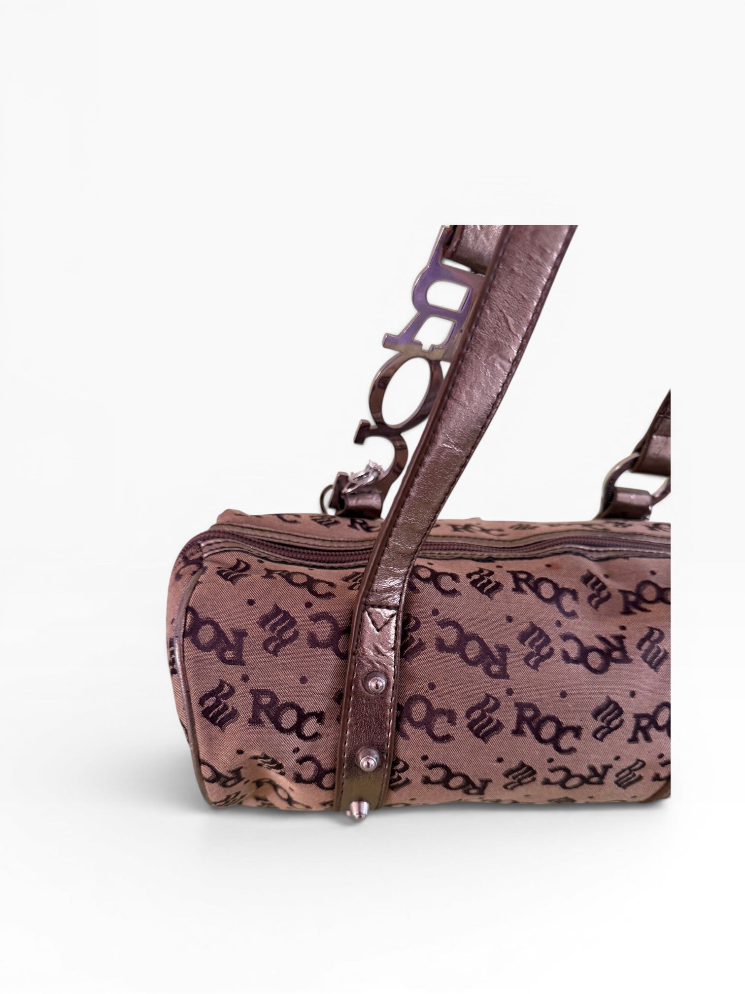 Rocawear Y2K Monogram Barrel Bag Brown Bronze Silver Hardware