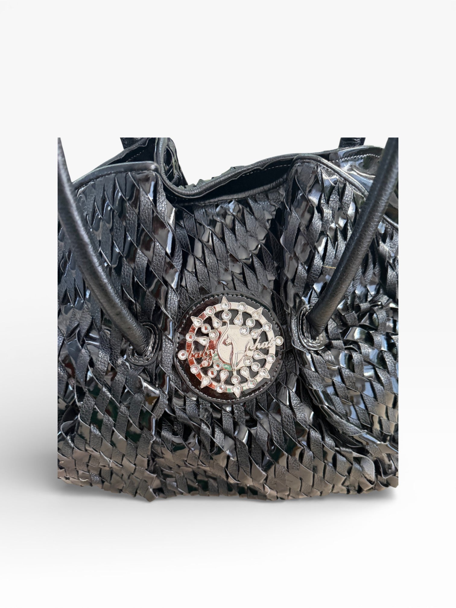 Baby Phat Woven Leather Crystal Medallion Tote
