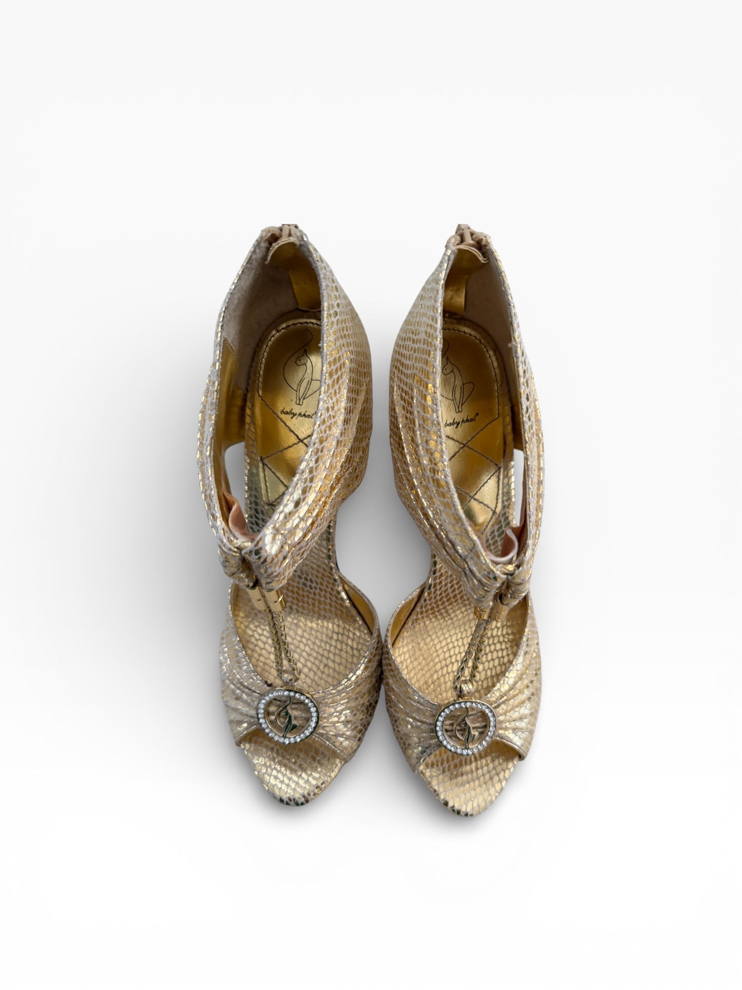 Baby Phat Gold Snakeskin Crystal Platform Heels