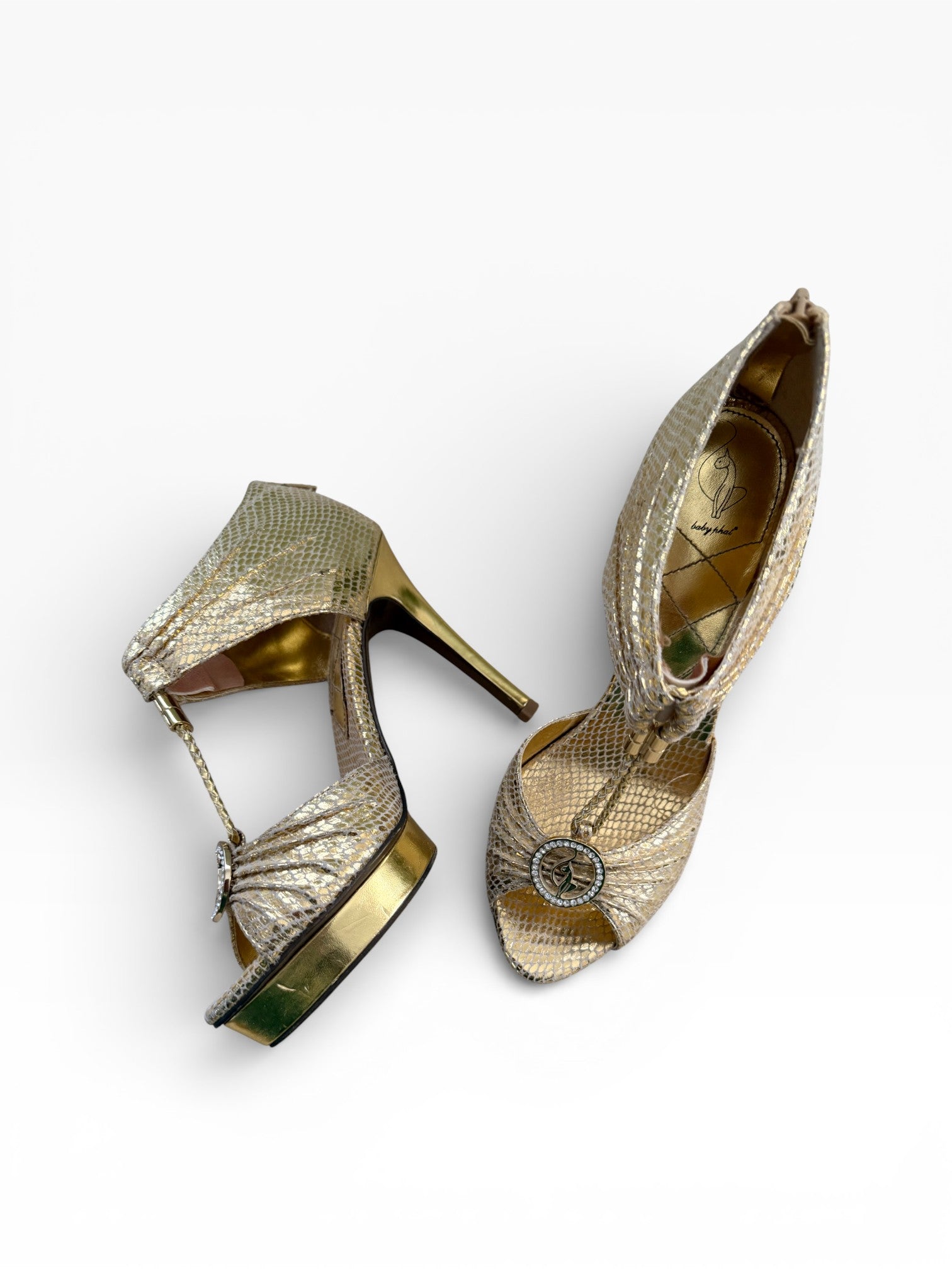 Baby Phat Gold Snakeskin Crystal Platform Heels