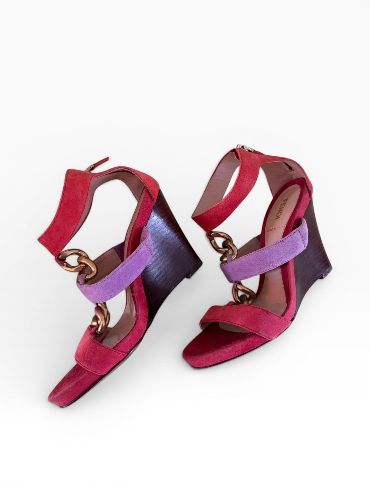 Fendi Colorblock Suede Chain Link Wedge Sandals