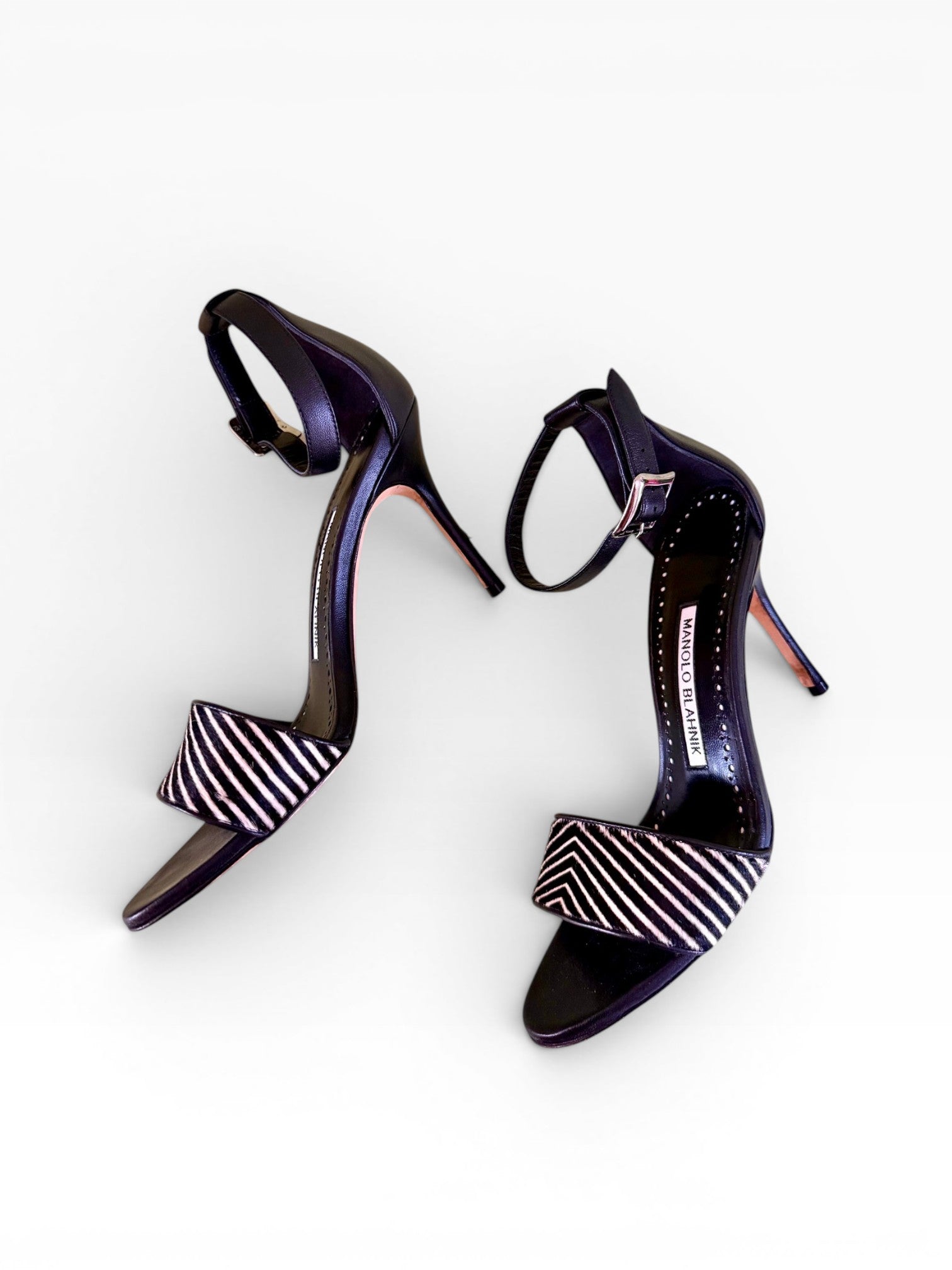 Manolo Blahnik Chevron Calf Hair & Leather Ankle Strap Sandals