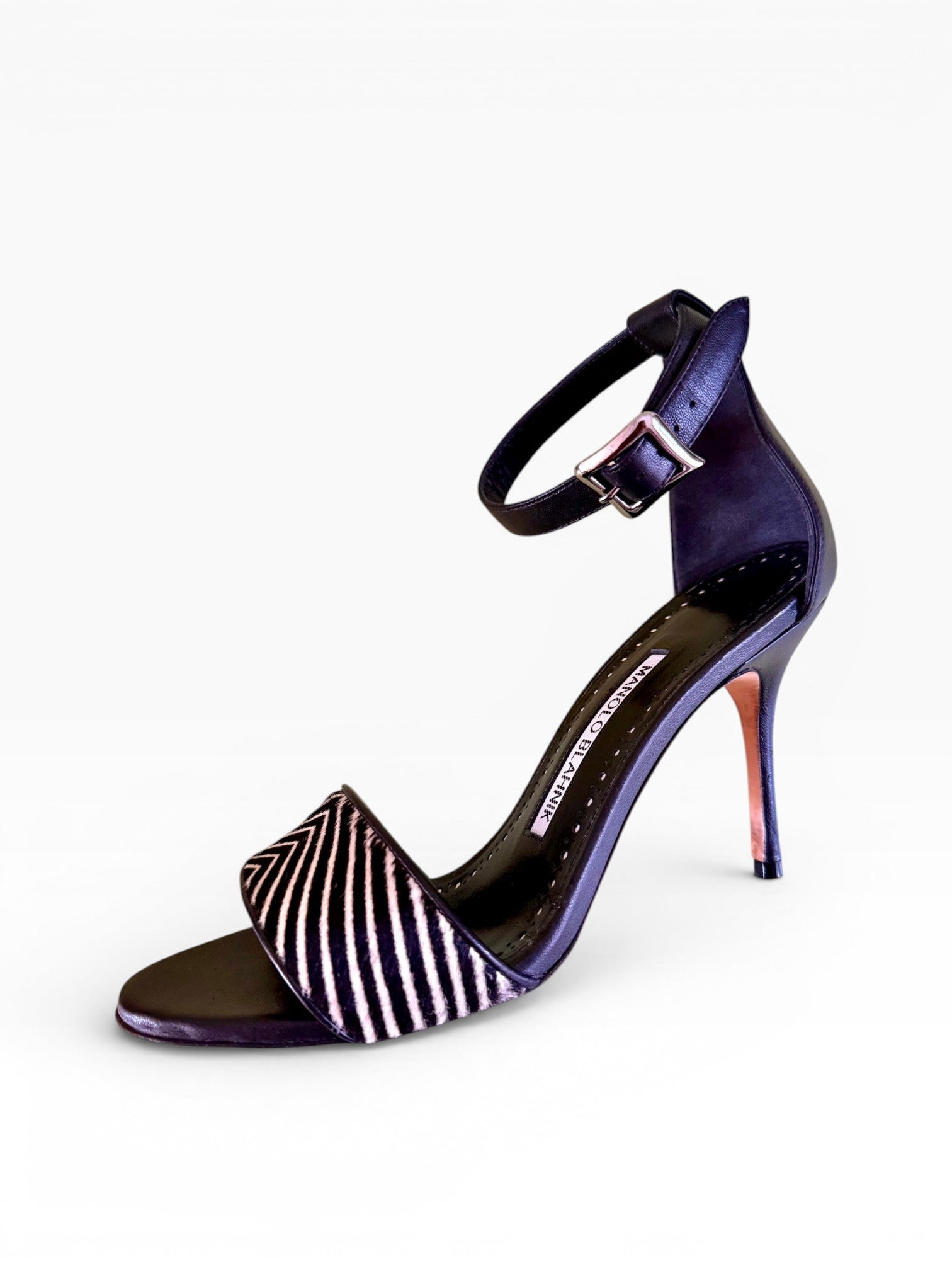 Manolo Blahnik Chevron Calf Hair & Leather Ankle Strap Sandals