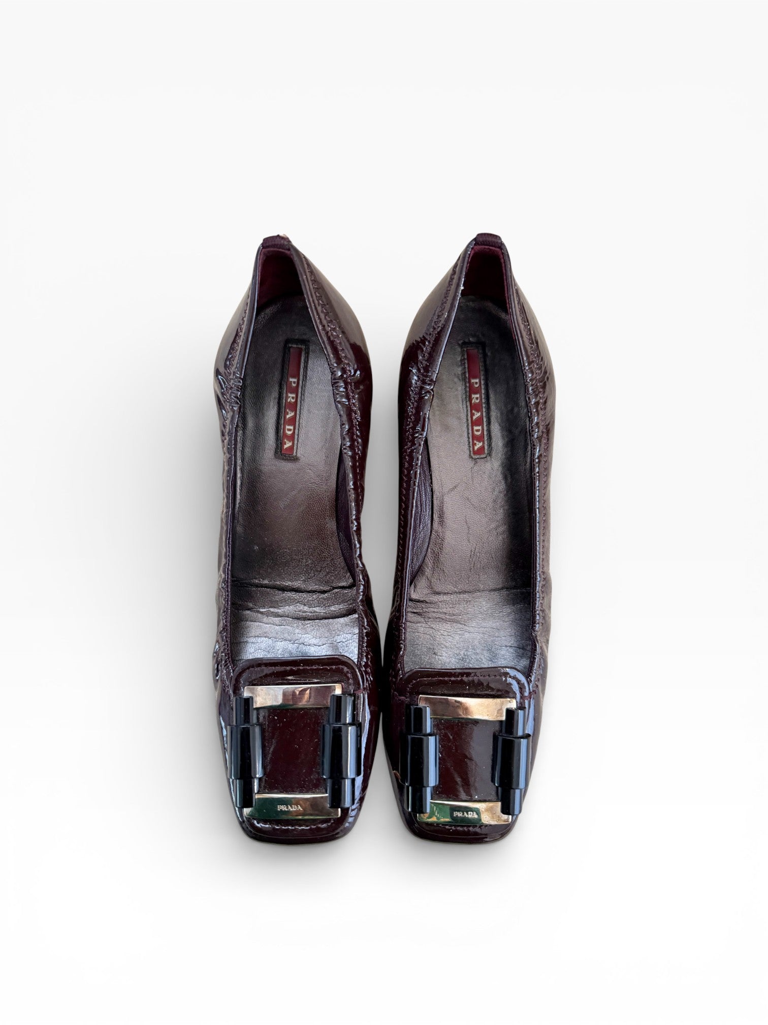 Prada Burgundy Patent Leather Buckle Flats