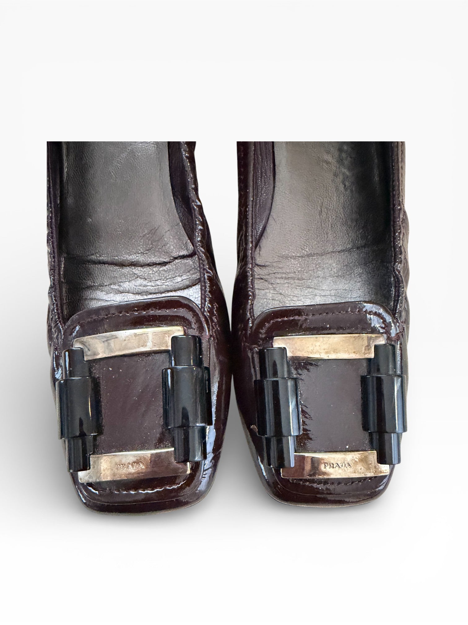 Prada Burgundy Patent Leather Buckle Flats