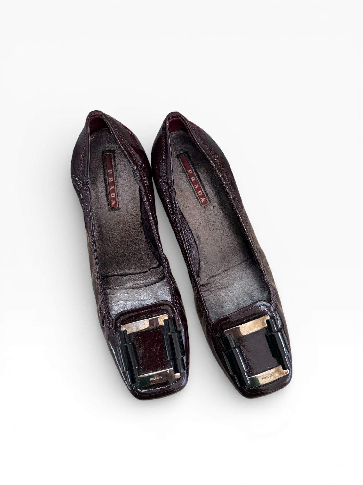 Prada Burgundy Patent Leather Buckle Flats