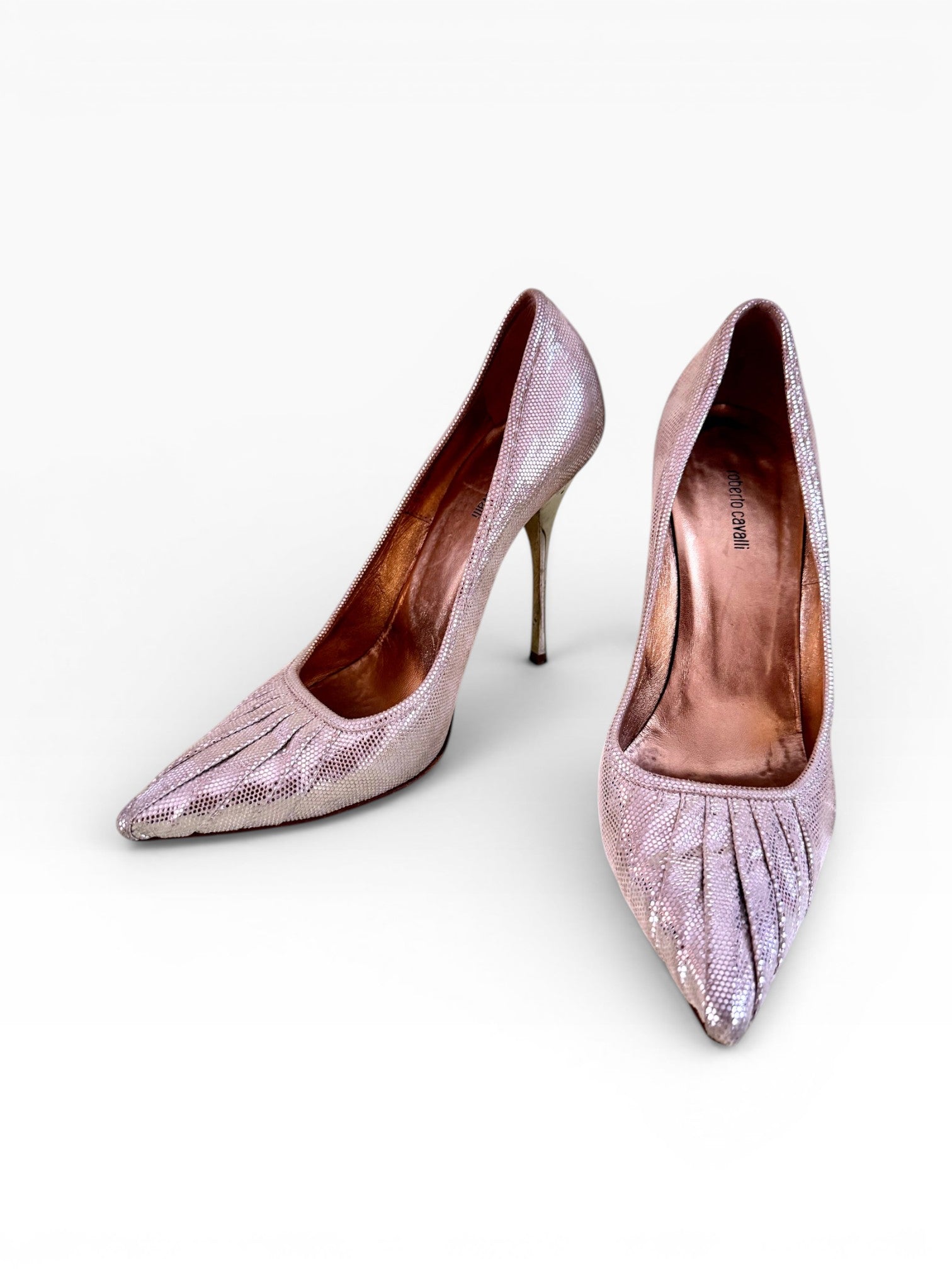 Roberto Cavalli Gold Metallic Lizard Embossed Curved Heel Pumps