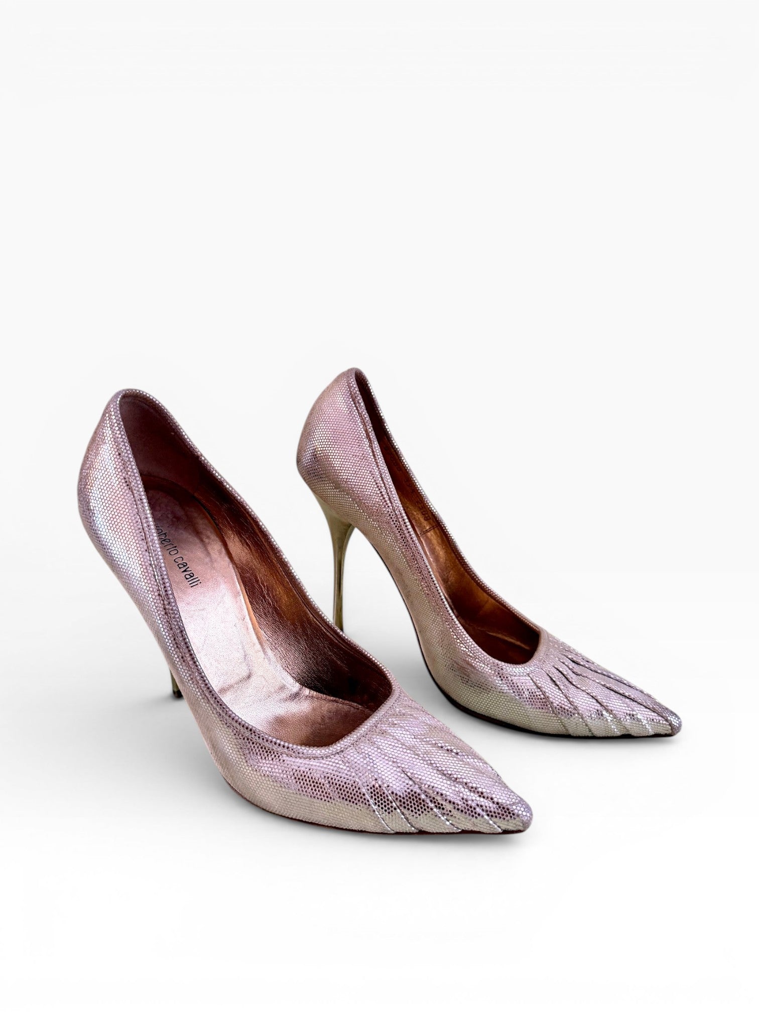 Roberto Cavalli Gold Metallic Lizard Embossed Curved Heel Pumps
