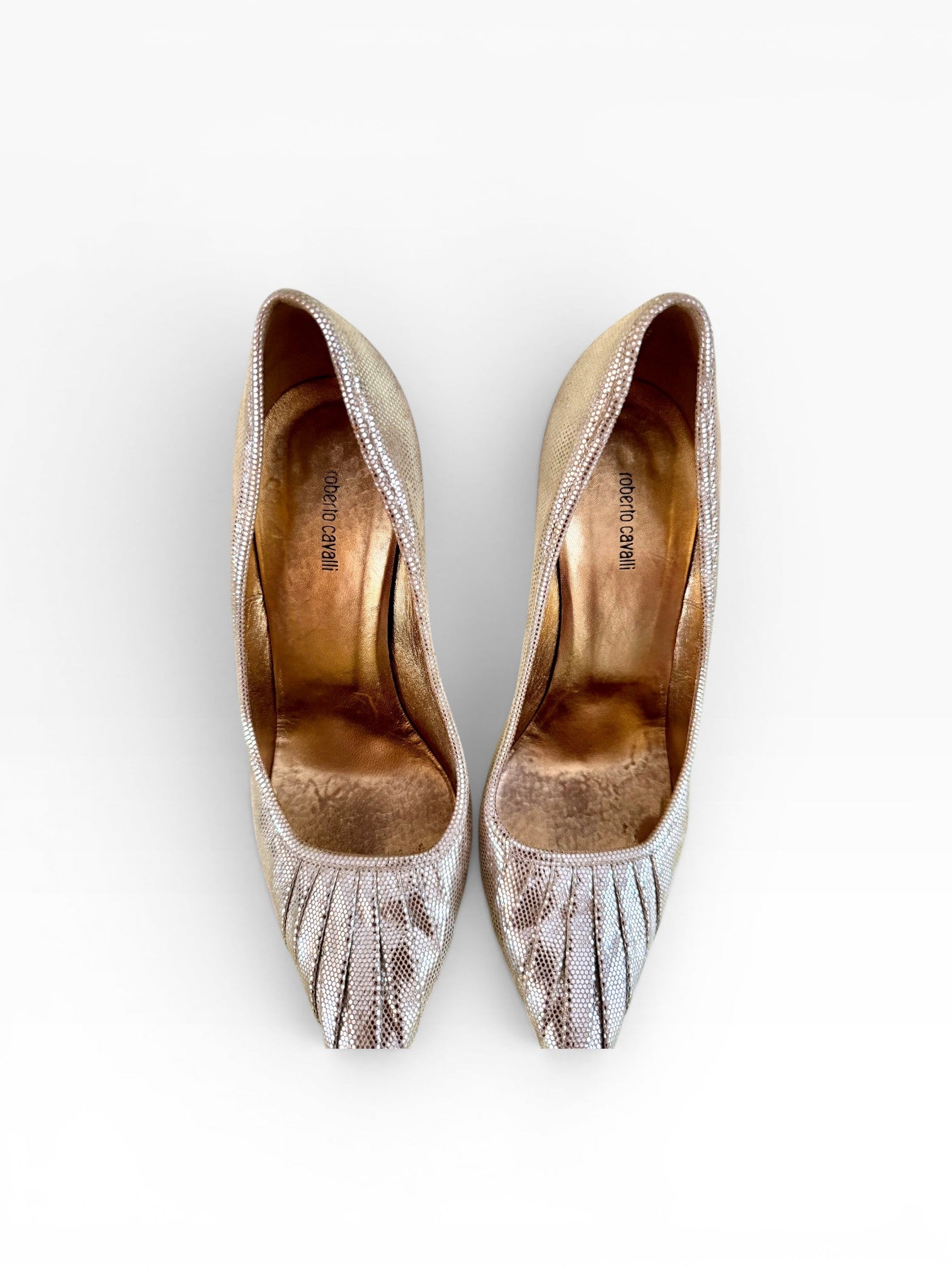 Roberto Cavalli Gold Metallic Lizard Embossed Curved Heel Pumps