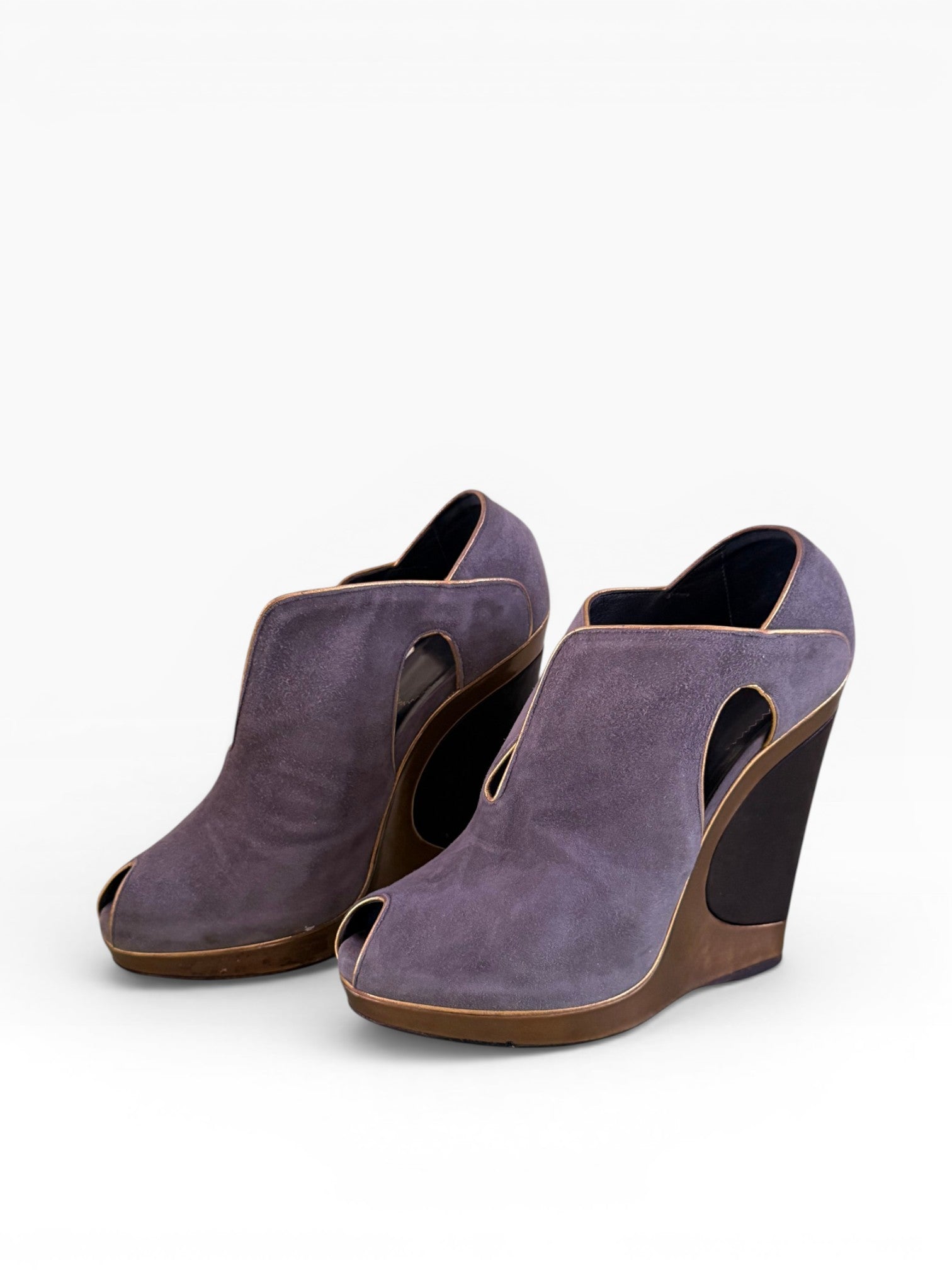 Yves Saint Laurent Rive Gauche Lavender Suede Architectural Wedge Booties