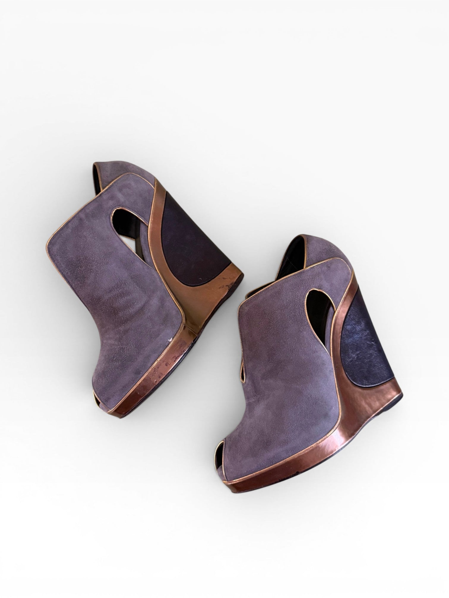 Yves Saint Laurent Rive Gauche Lavender Suede Architectural Wedge Booties