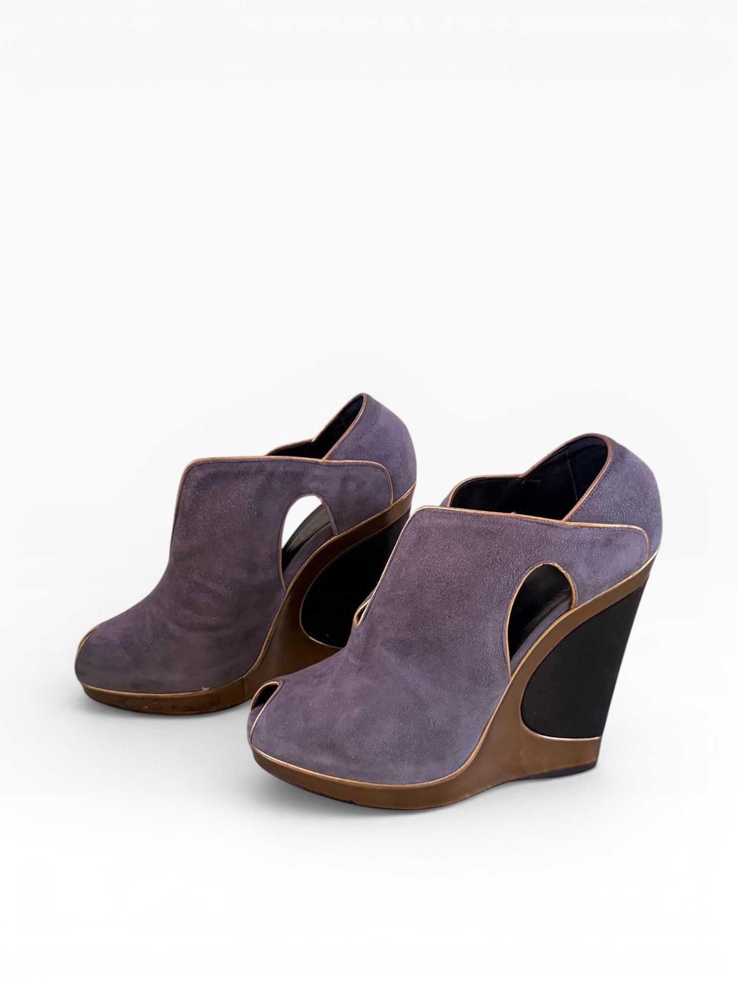 Yves Saint Laurent Rive Gauche Lavender Suede Architectural Wedge Booties