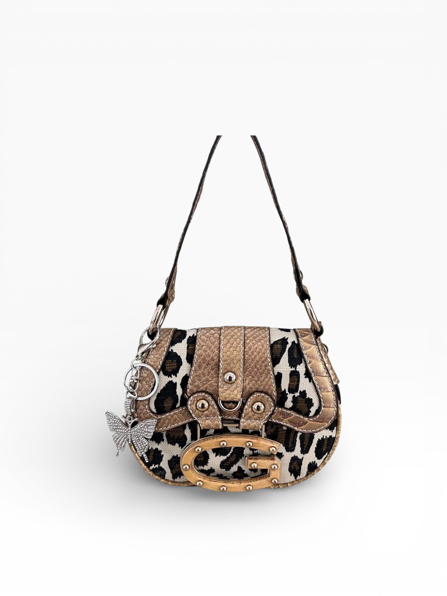 Guess Leopard Print Mini Saddle Bag with Crystal Butterfly Charm