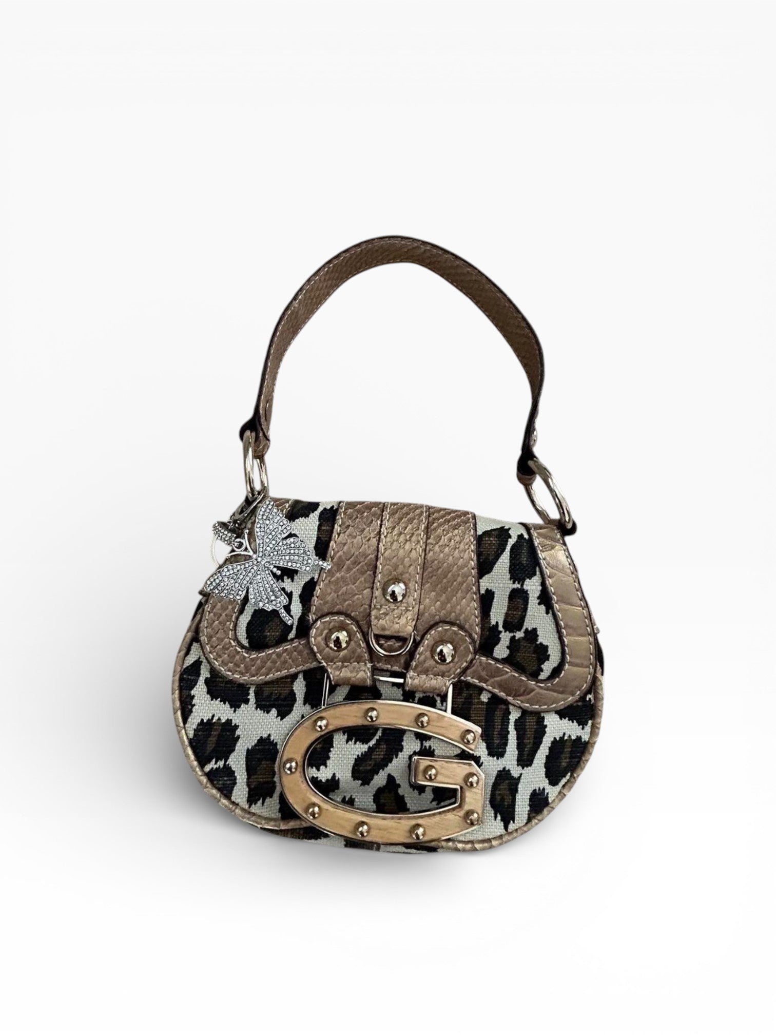 Guess Leopard Print Mini Saddle Bag with Crystal Butterfly Charm