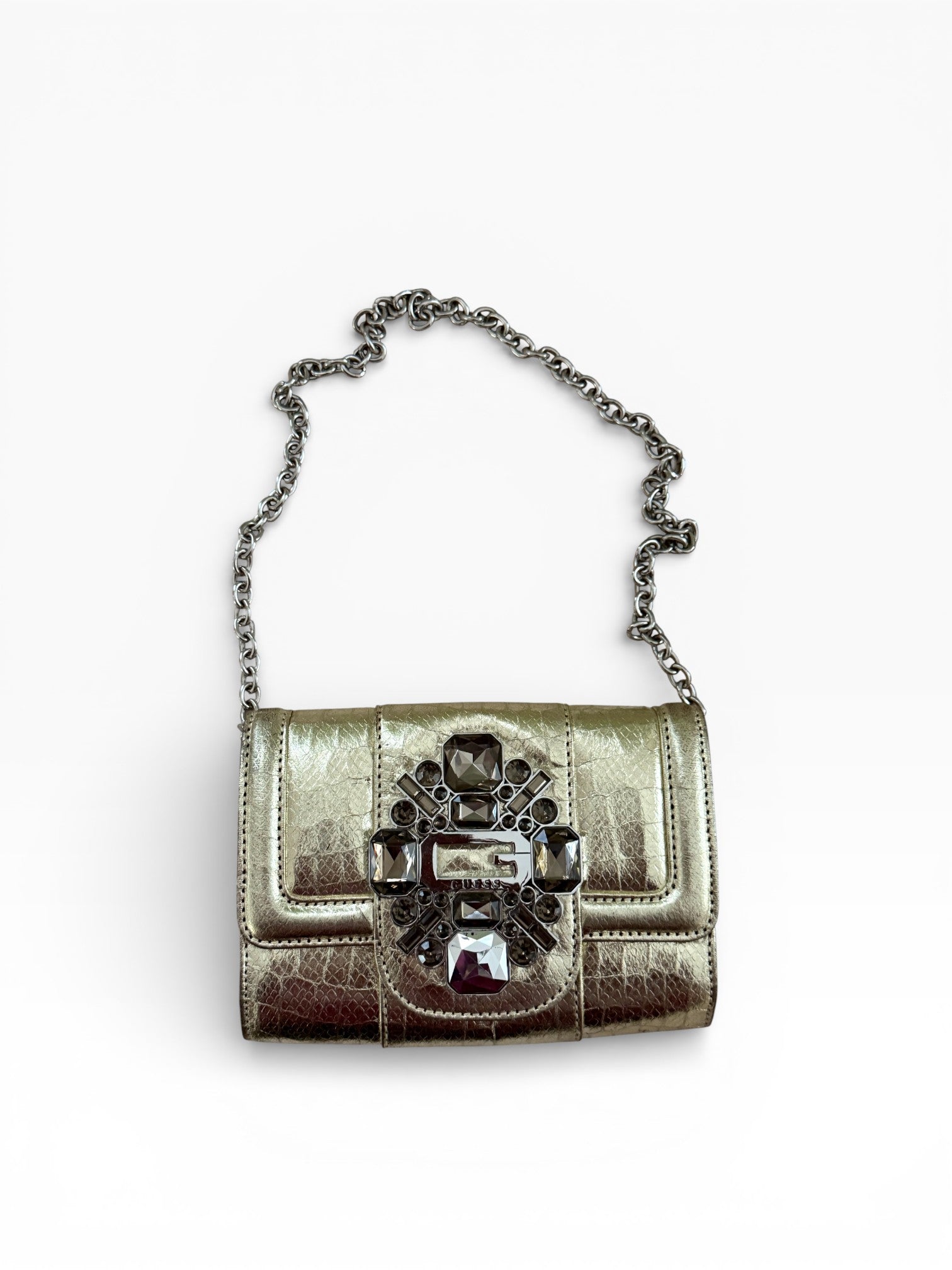 Guess Crystal G-Logo Chain Bag | Pewter Metallic