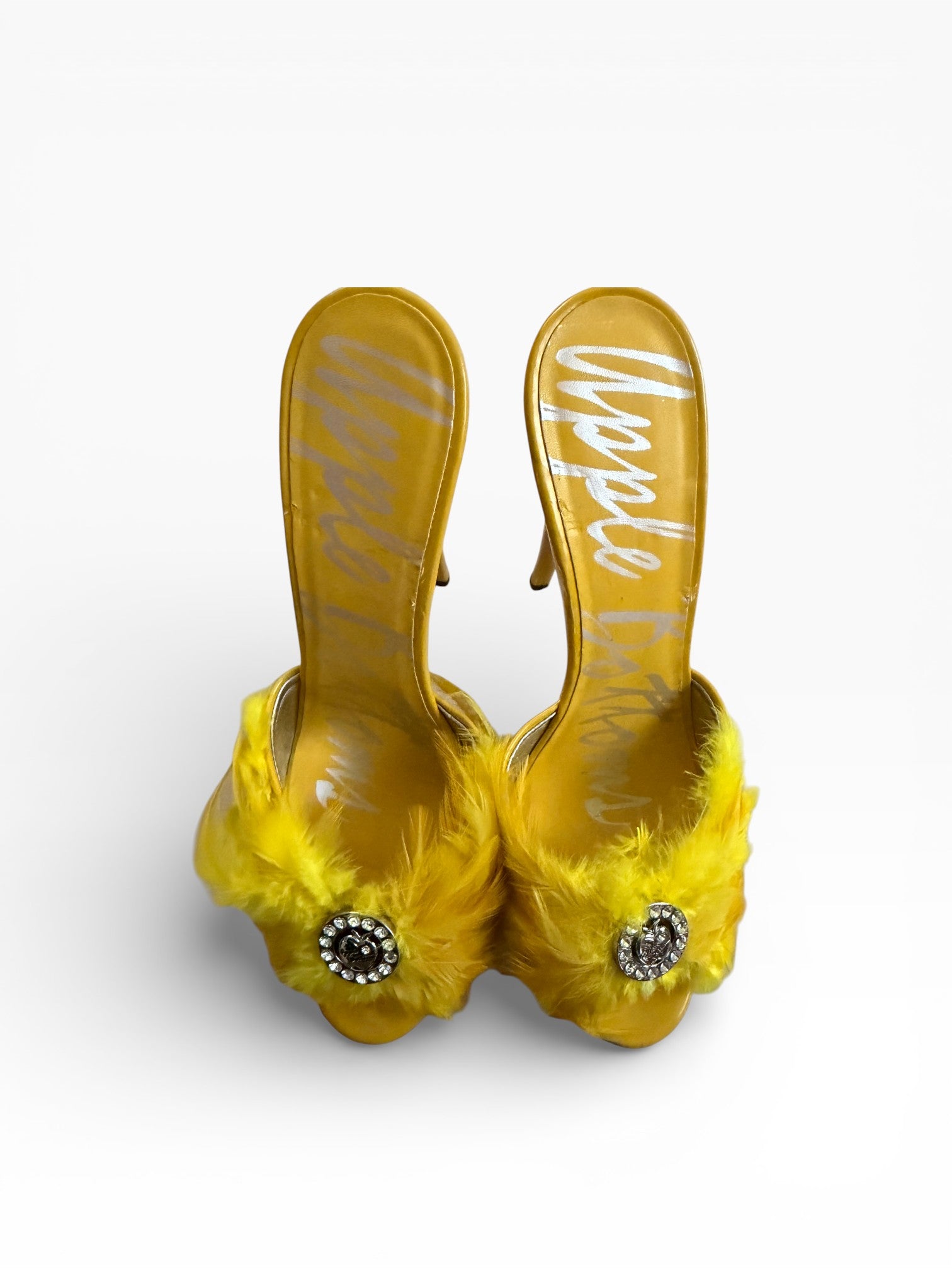 Apple Bottoms Feather Mule Heels | Yellow