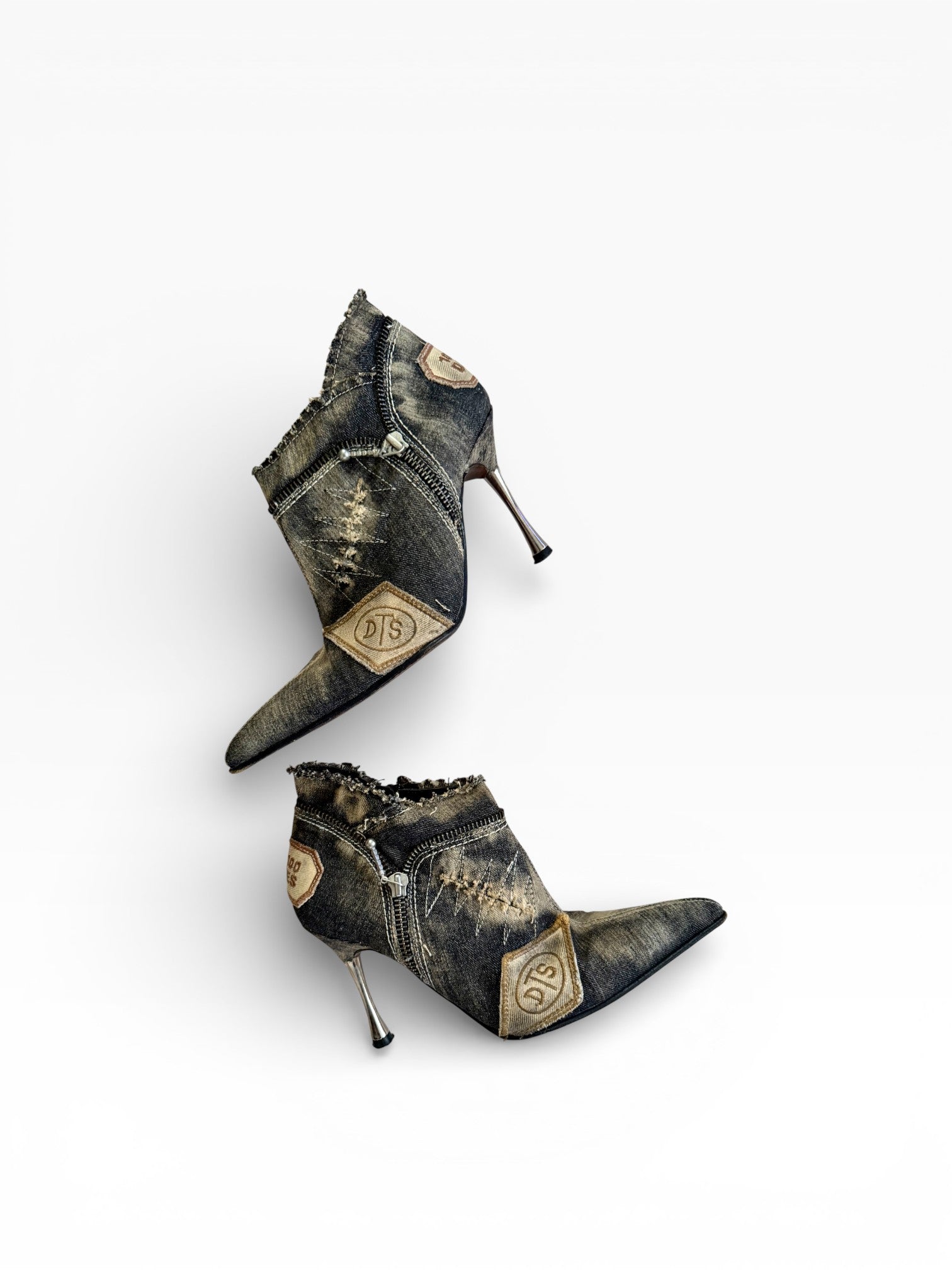El Dantés Couture Distressed Denim Stiletto Booties