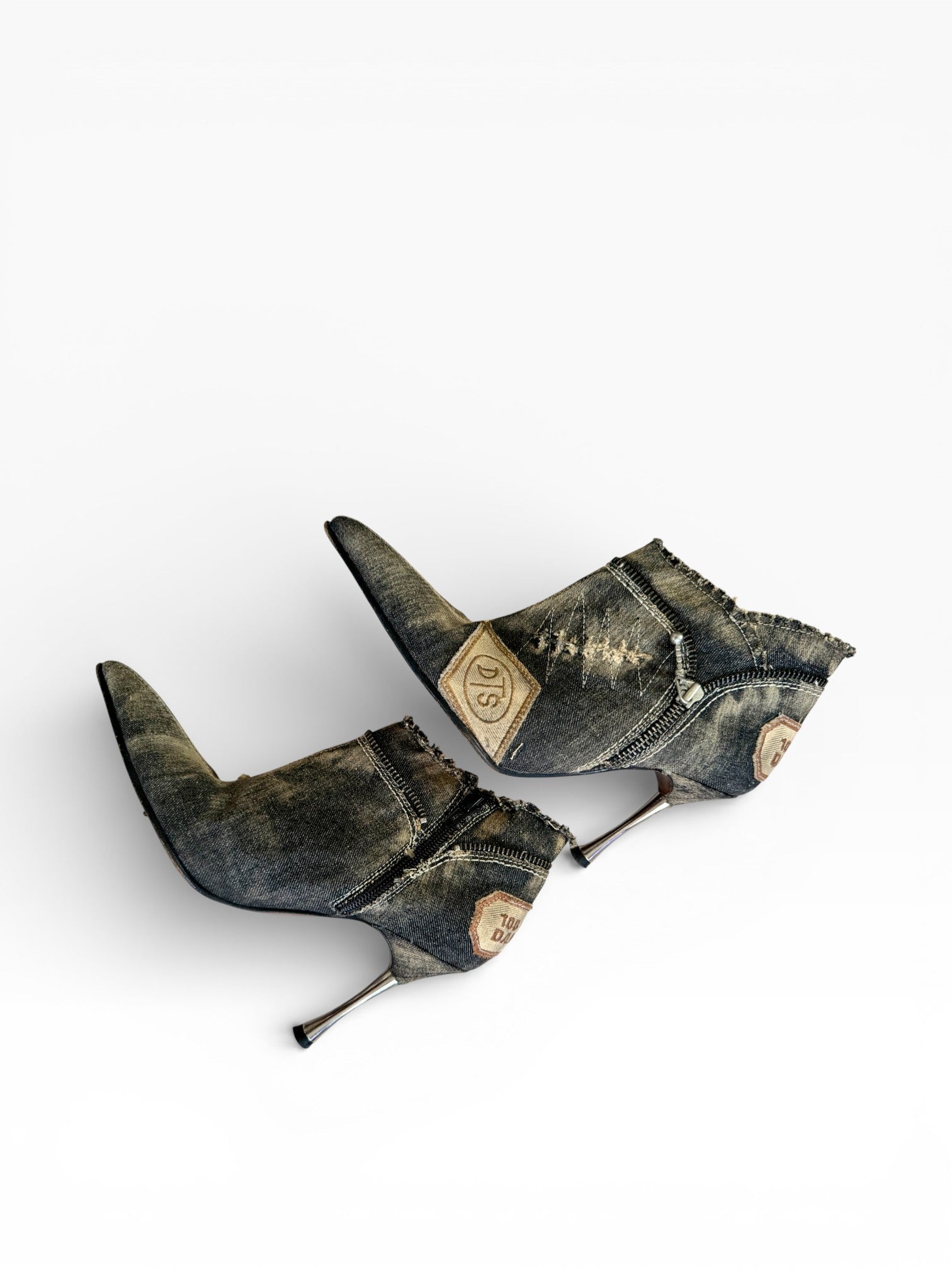 El Dantés Couture Distressed Denim Stiletto Booties