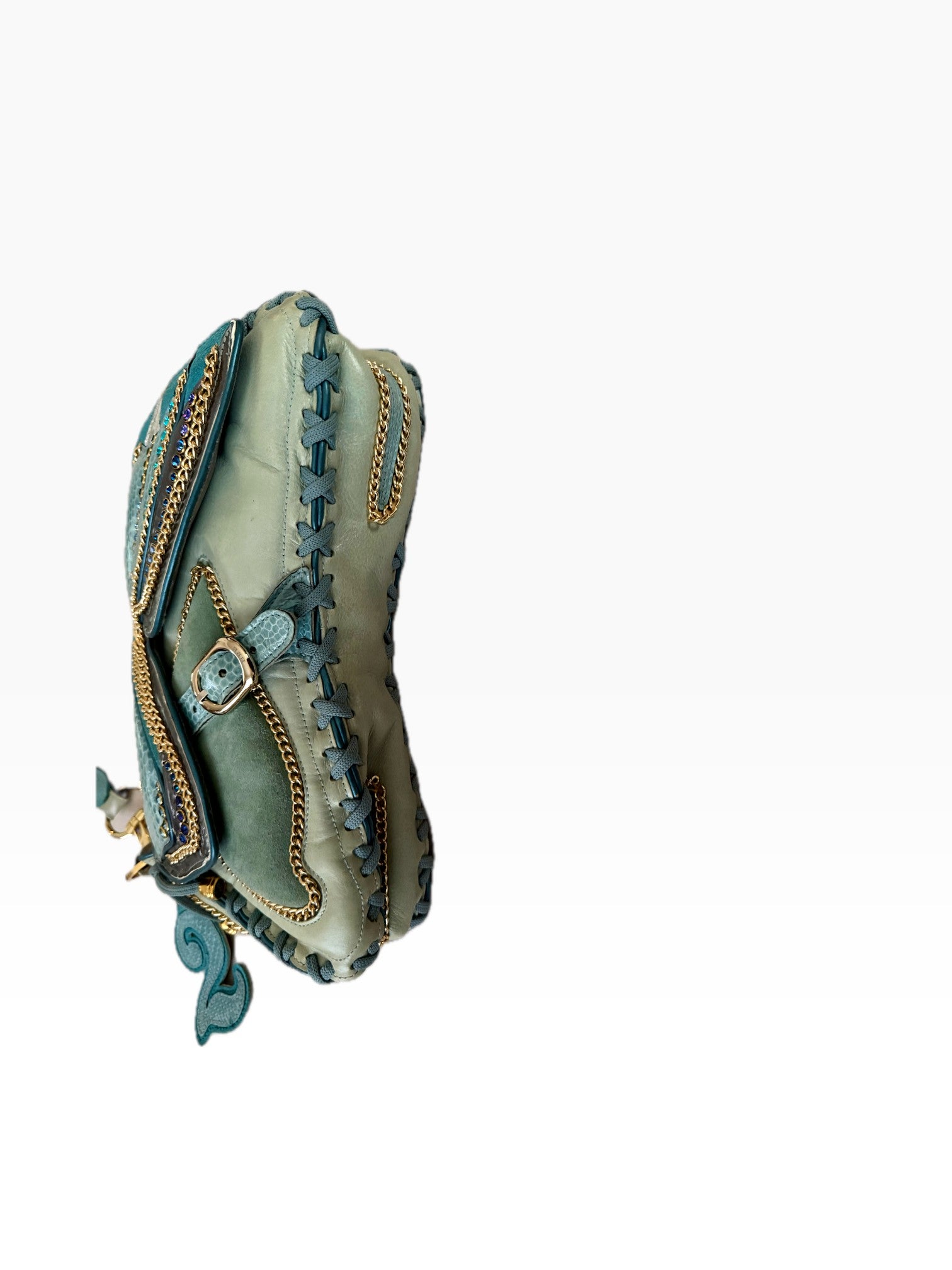 Bracher Emden London Teal Mixed Media Shoulder Bag with Crystal Details