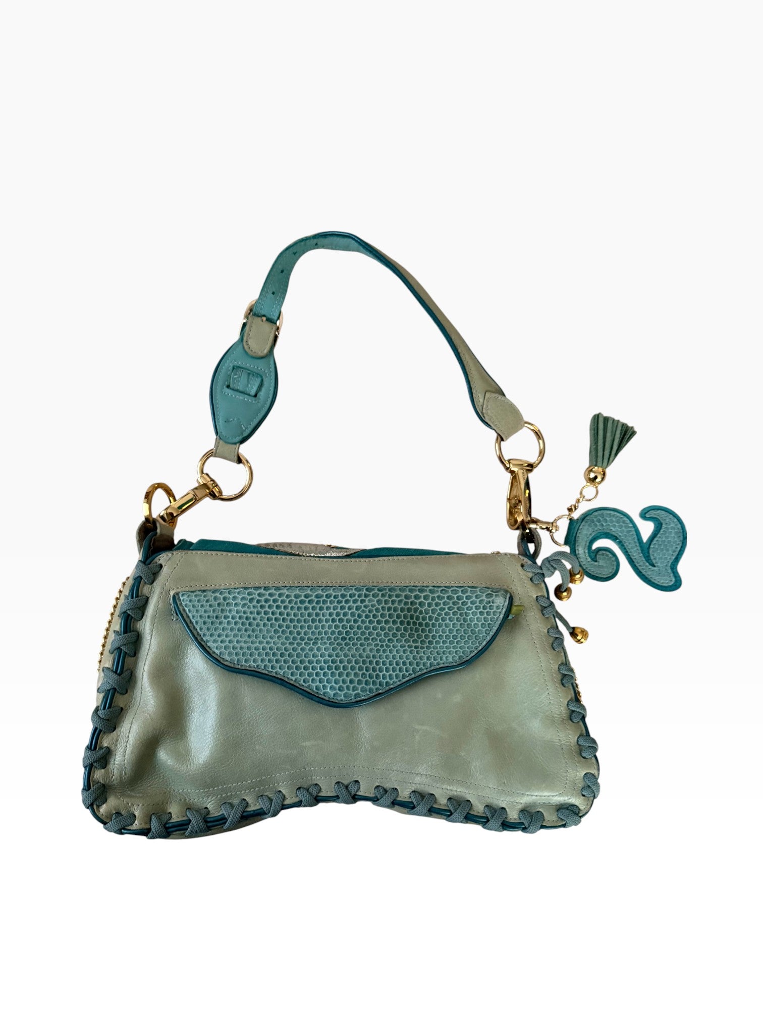 Bracher Emden London Teal Mixed Media Shoulder Bag with Crystal Details