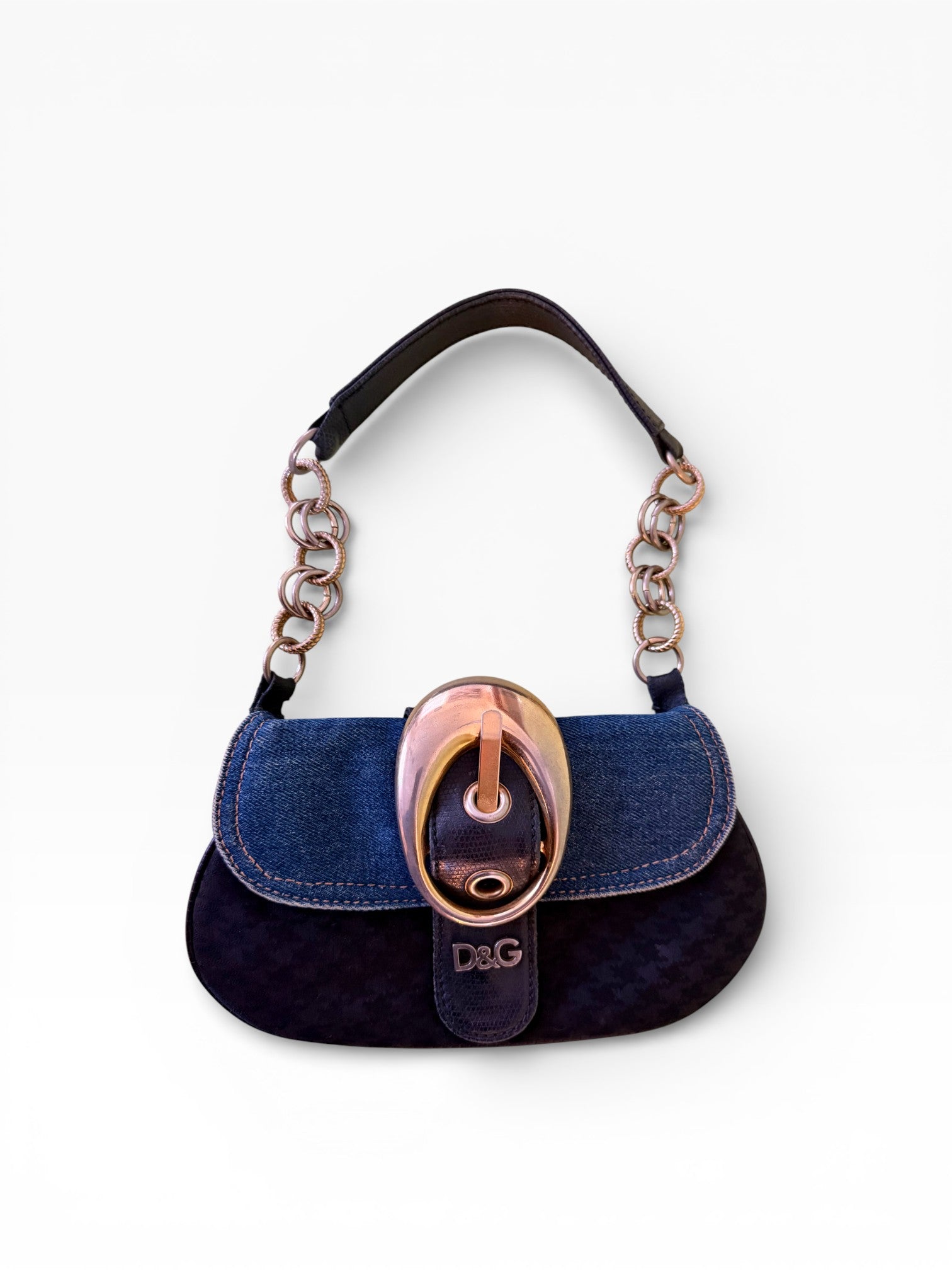 Dolce & Gabbana Denim & Houndstooth Chain Shoulder Bag