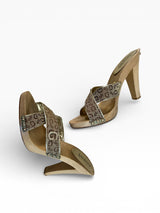 Guess Monogram Rhinestone Logo Wooden Platform Heels