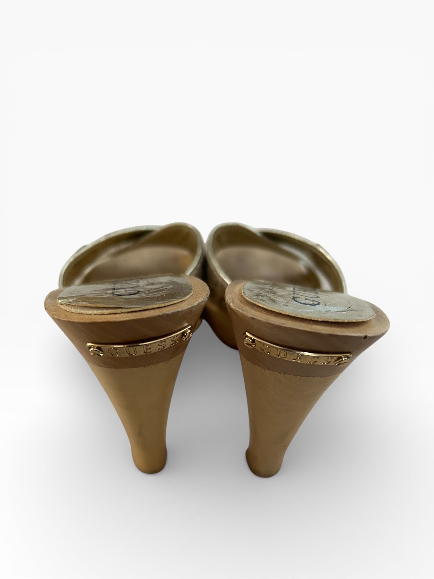 Guess Monogram Rhinestone Logo Wooden Platform Heels