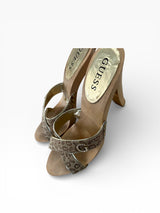 Guess Monogram Rhinestone Logo Wooden Platform Heels