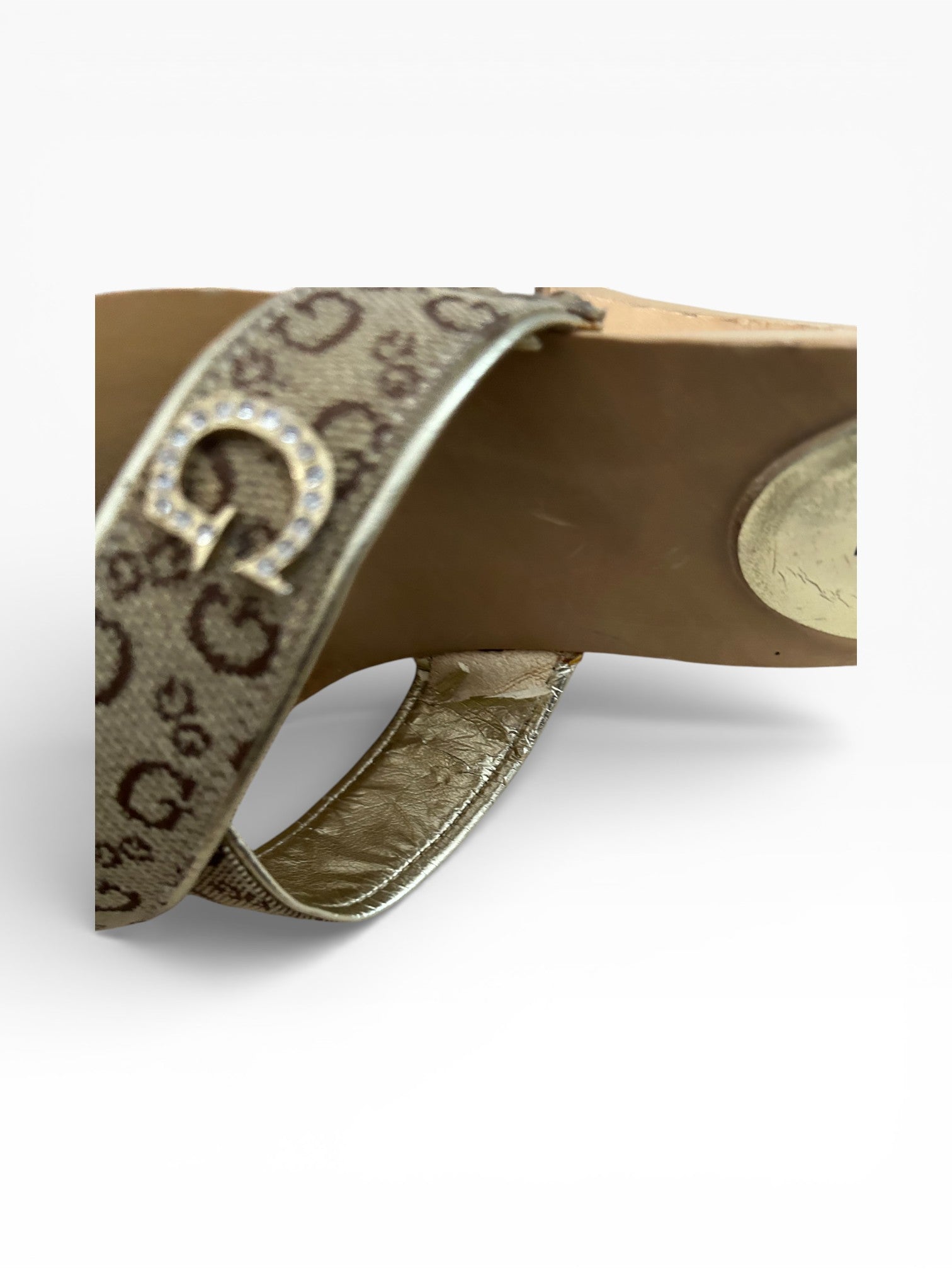 Guess Monogram Rhinestone Logo Wooden Platform Heels