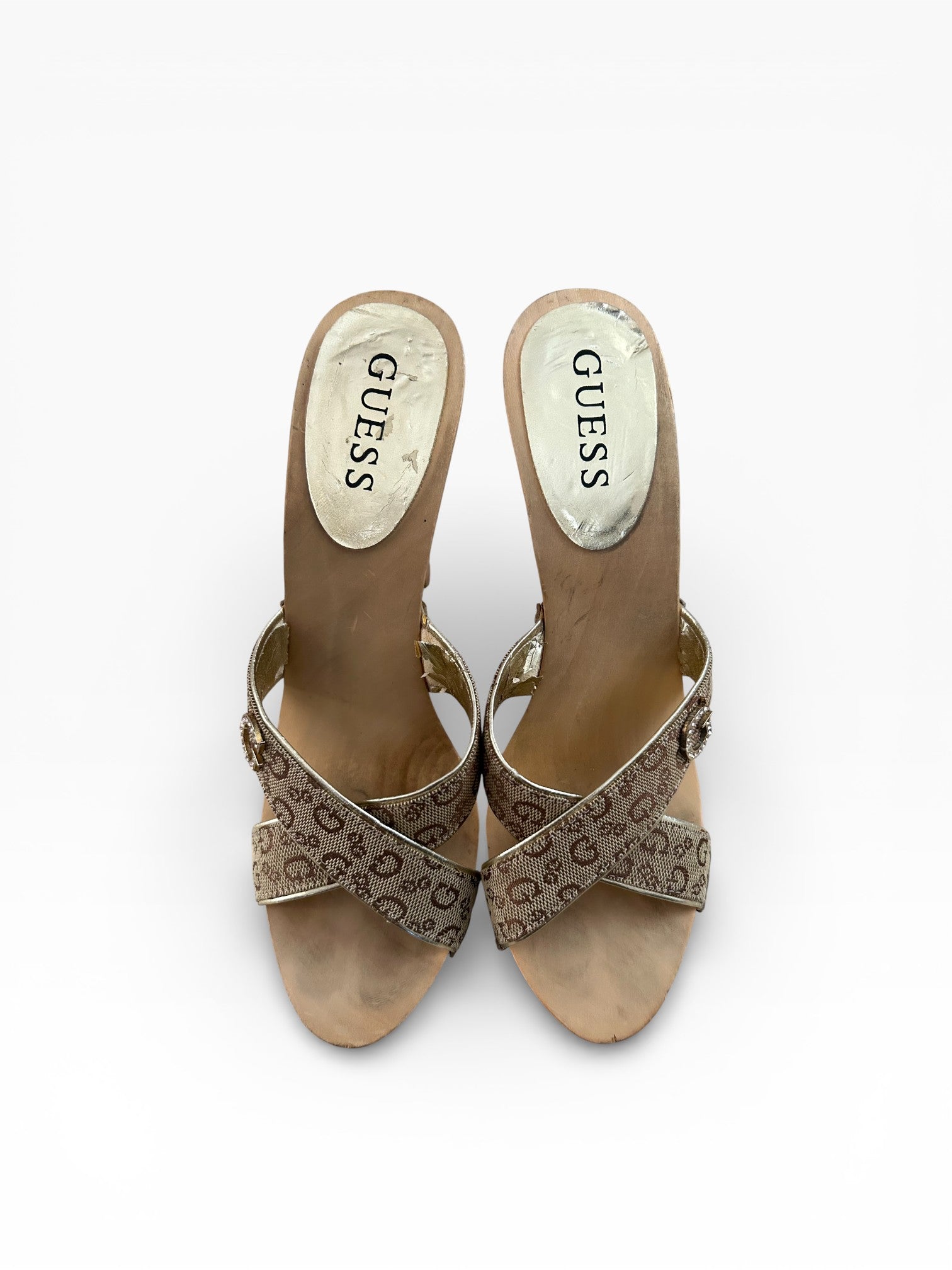 Guess Monogram Rhinestone Logo Wooden Platform Heels